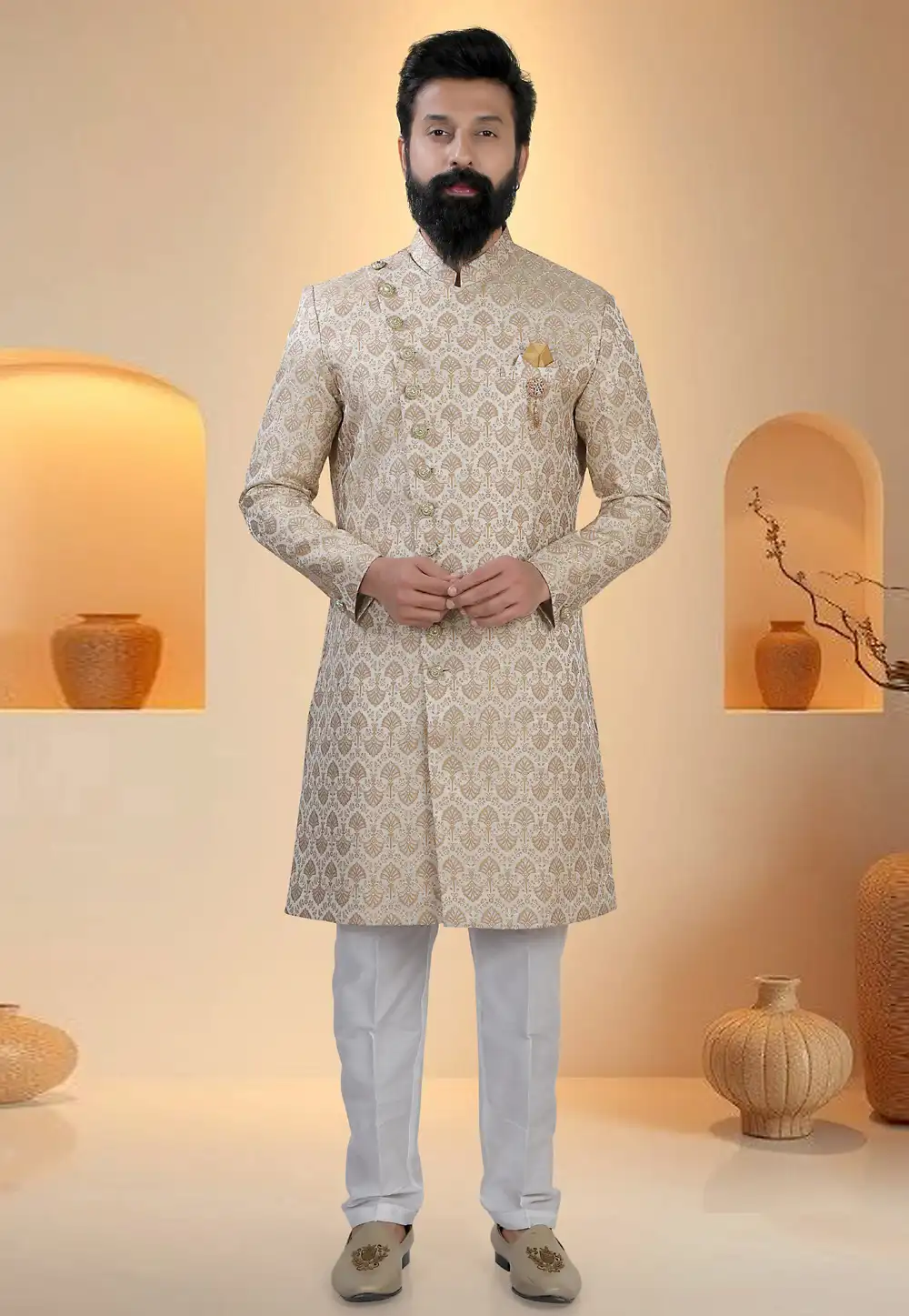 Beige Brocade Indo Western Suit 321295