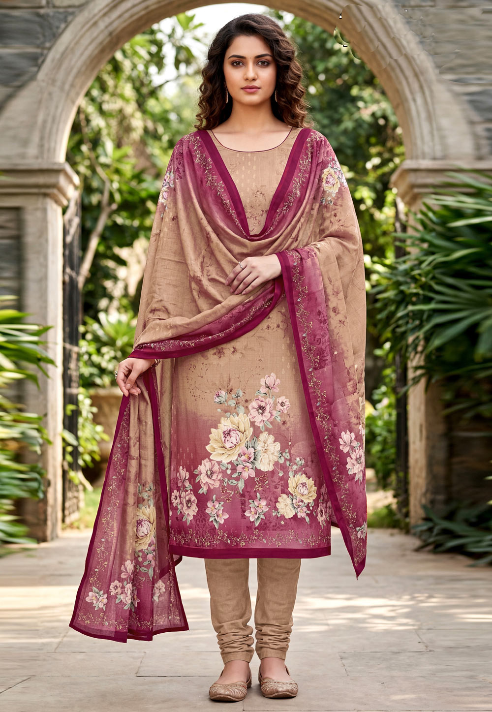 Beige Cambric Cotton Churidar Suit 328341