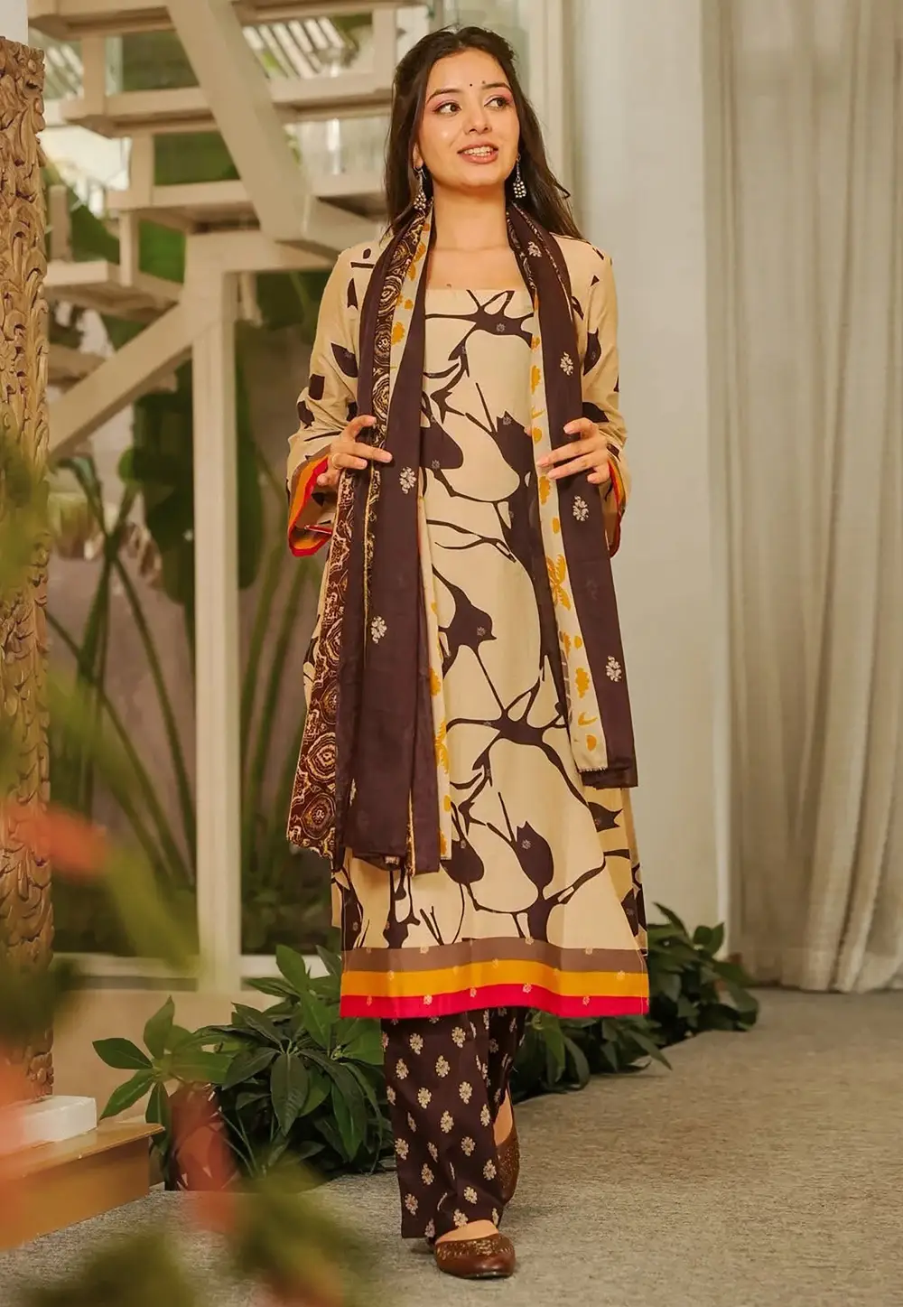 Beige Cambric Cotton Readymade Pakistani Suit 331285