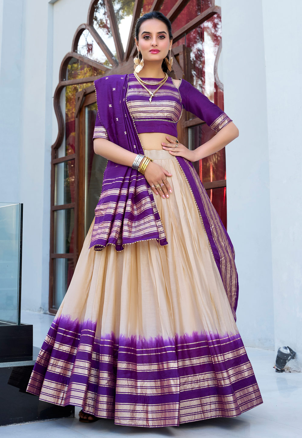 Beige Chanderi Circular Lehenga Choli 308701