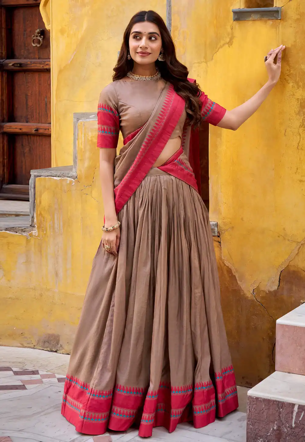 Beige Chanderi Circular Lehenga Choli 321176