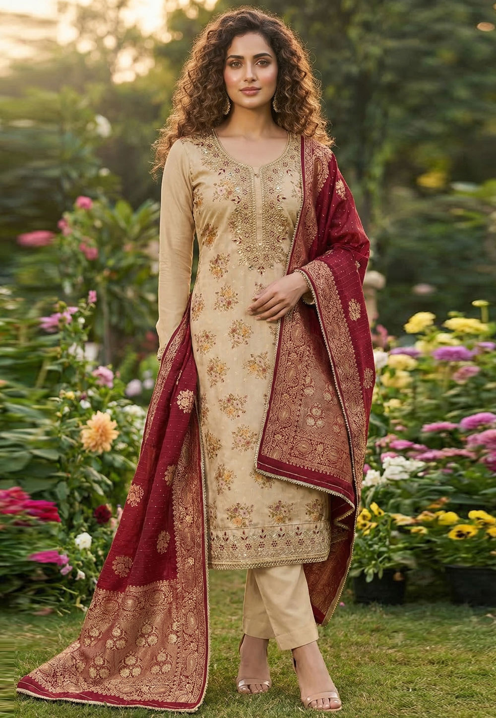 Beige Chanderi Pakistani Suit 326423