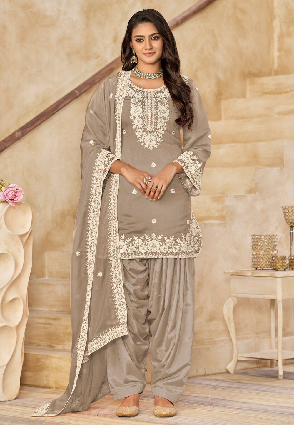 Beige Chanderi Punjabi Suit 312555