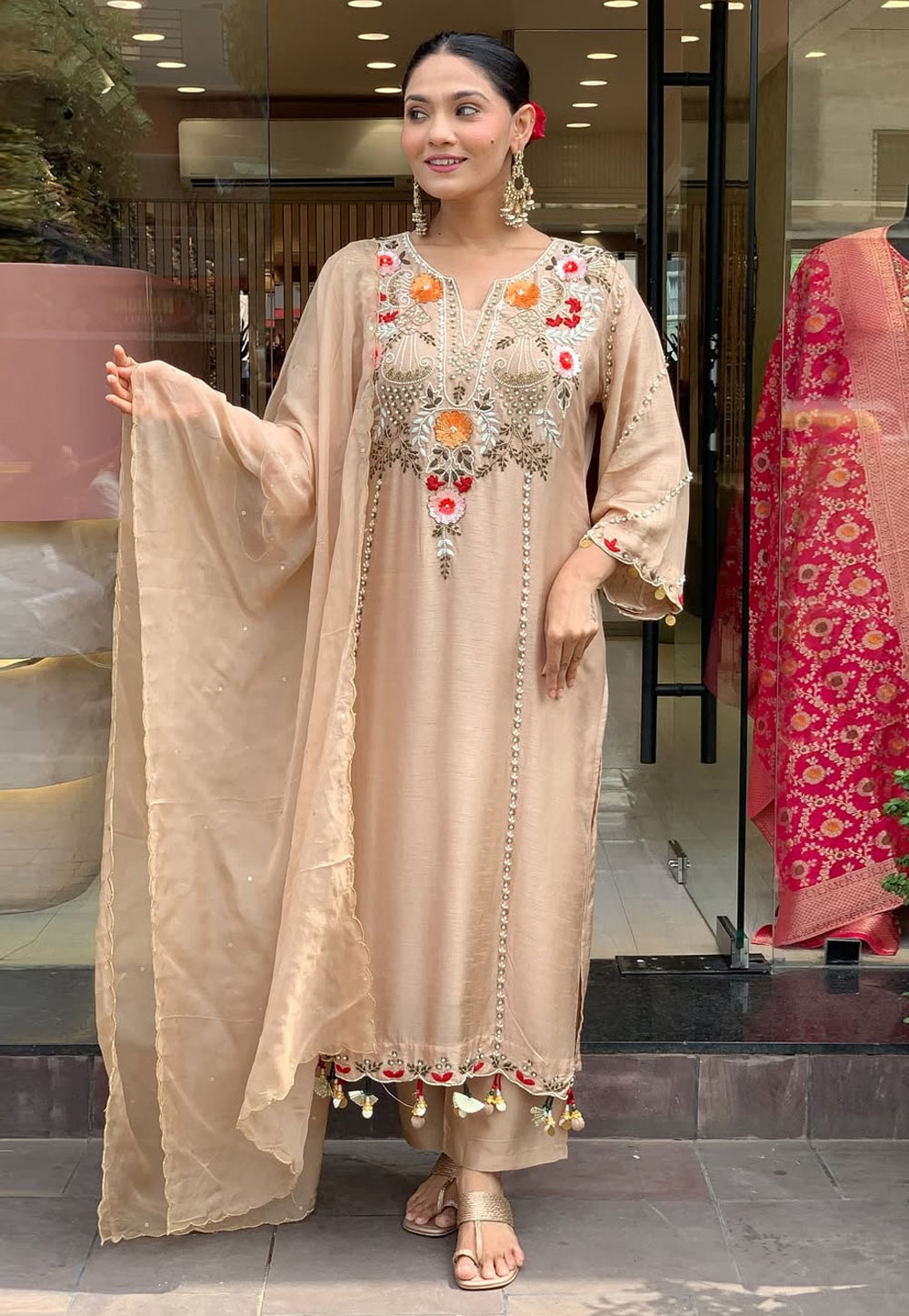 Beige Chanderi Readymade Pant Style Suit 324942