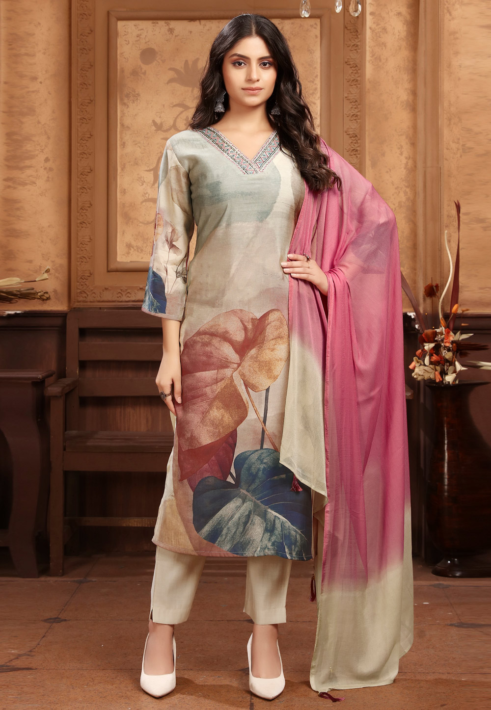 Beige Chanderi Readymade Pant Style Suit 327408