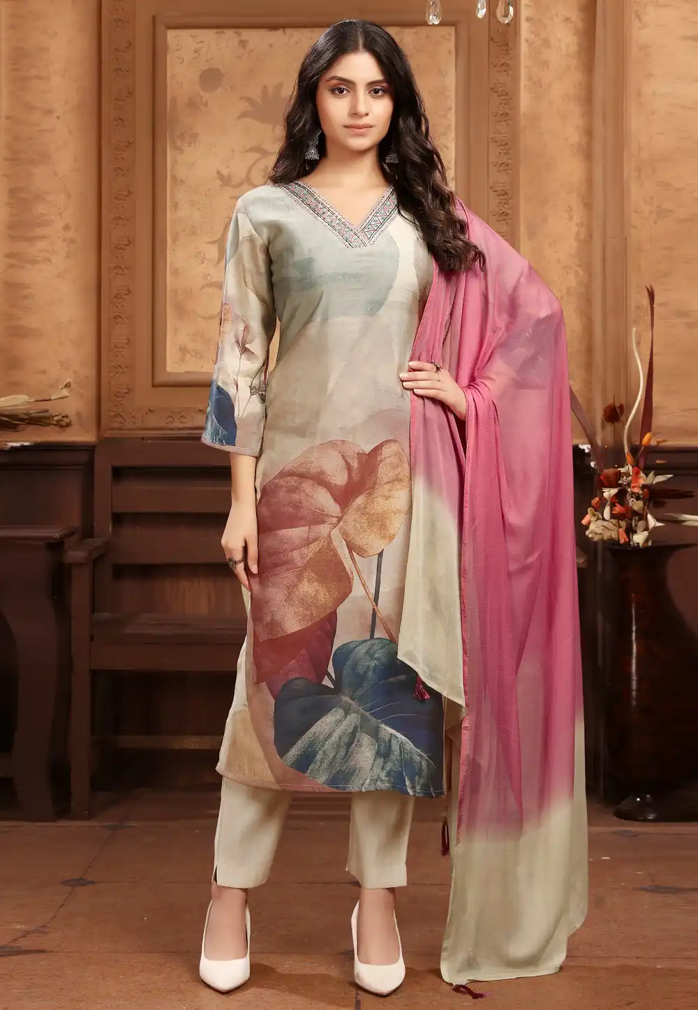 Beige Chanderi Readymade Pant Style Suit 327408