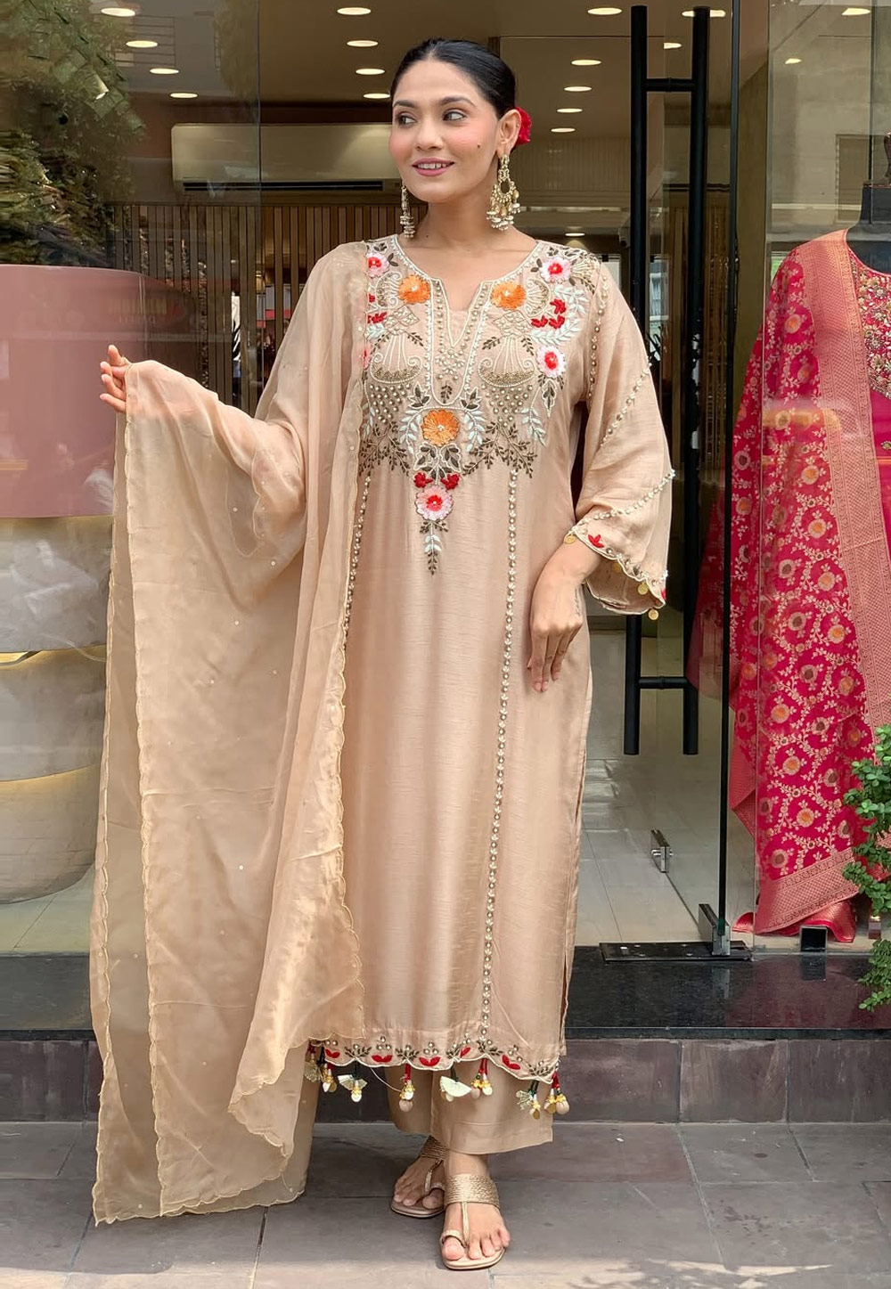 Beige Chanderi Readymade Pant Style Suit 327162