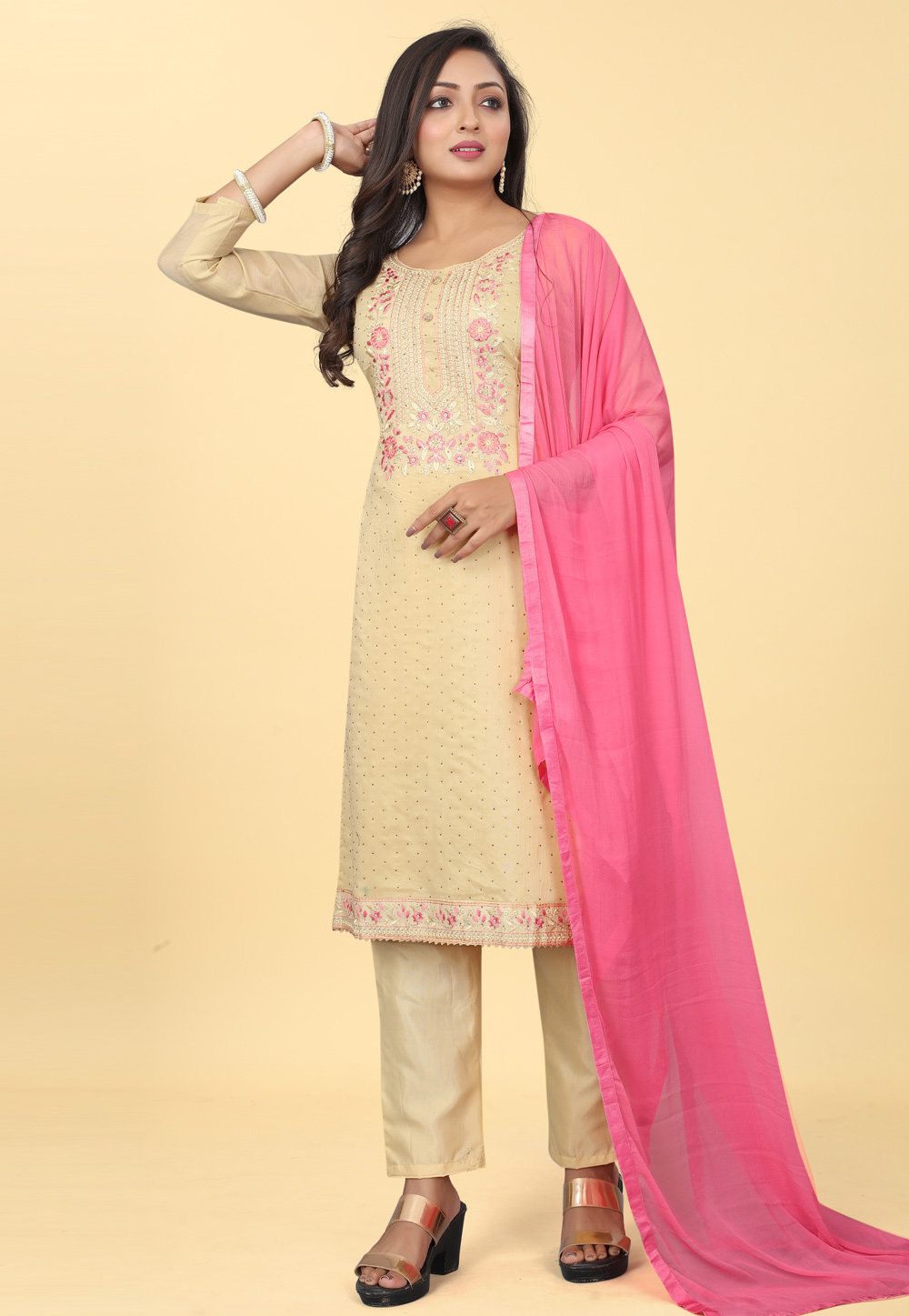 Beige Chanderi Silk Pant Style Suit 284469