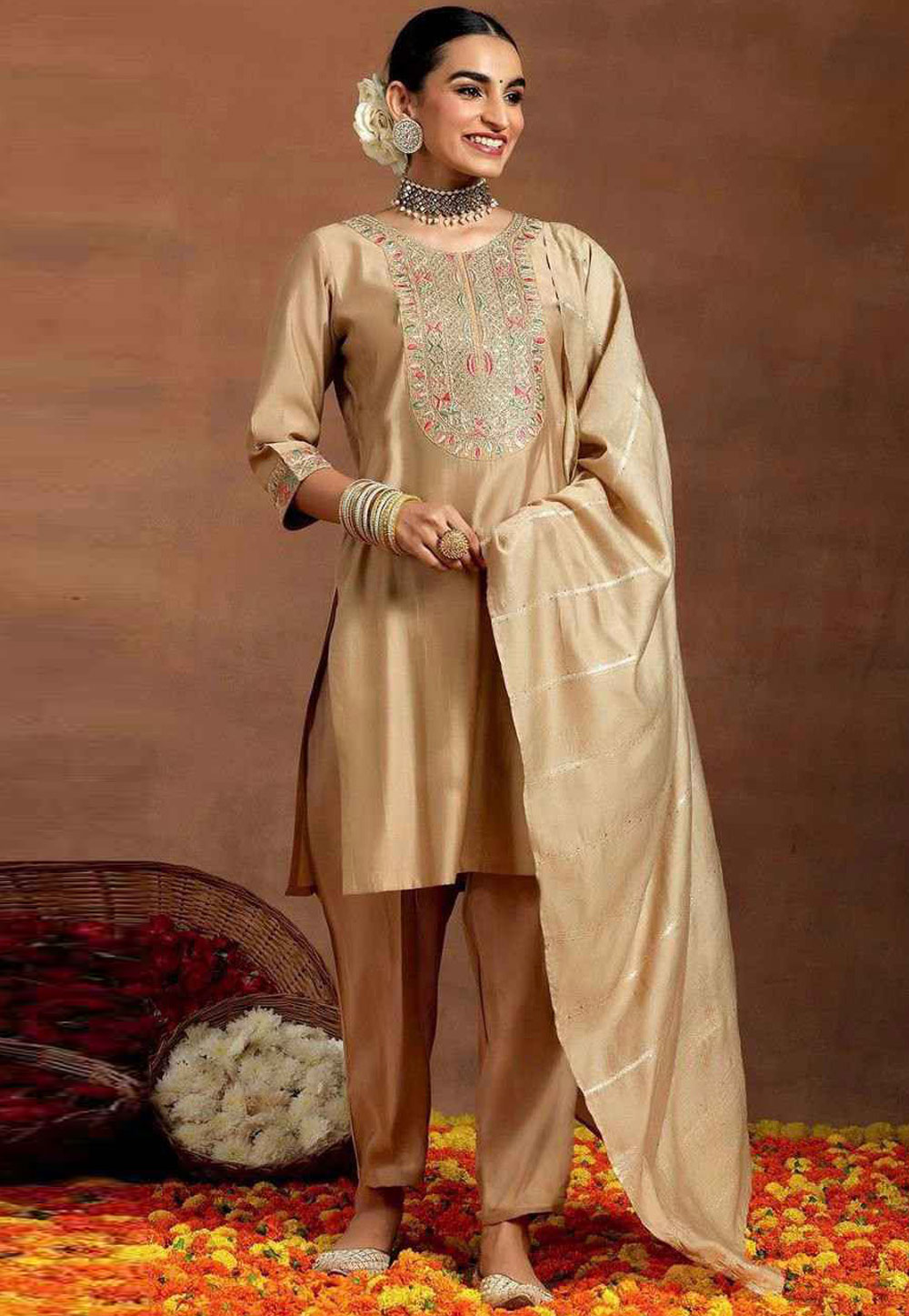 Beige Chanderi Silk Readymade Pakistani Suit 317999