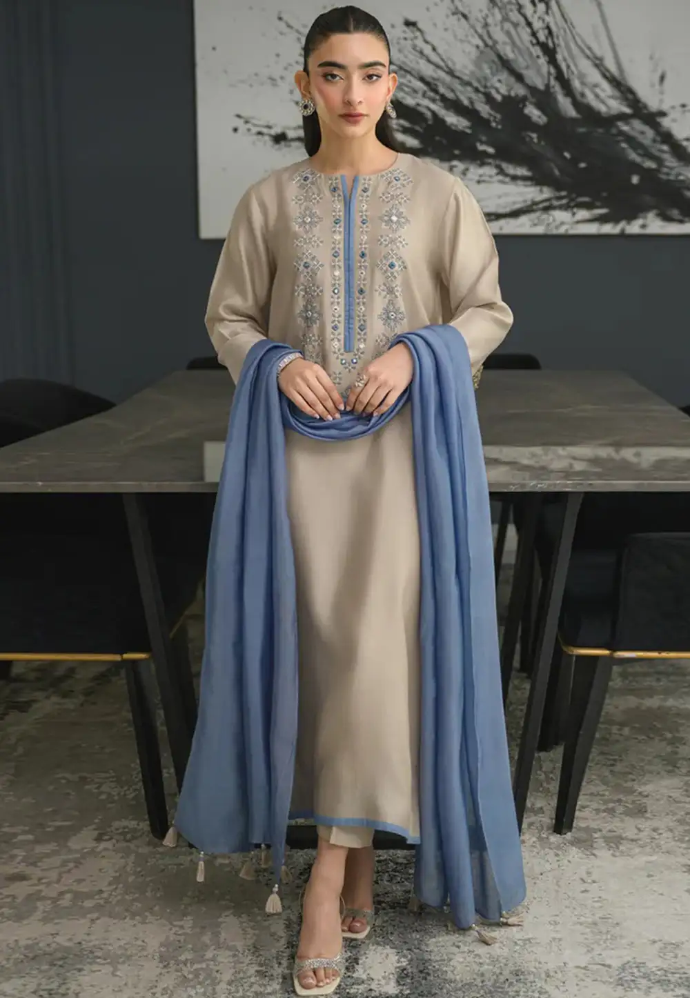 Beige Chanderi Silk Readymade Straight Suit 330883