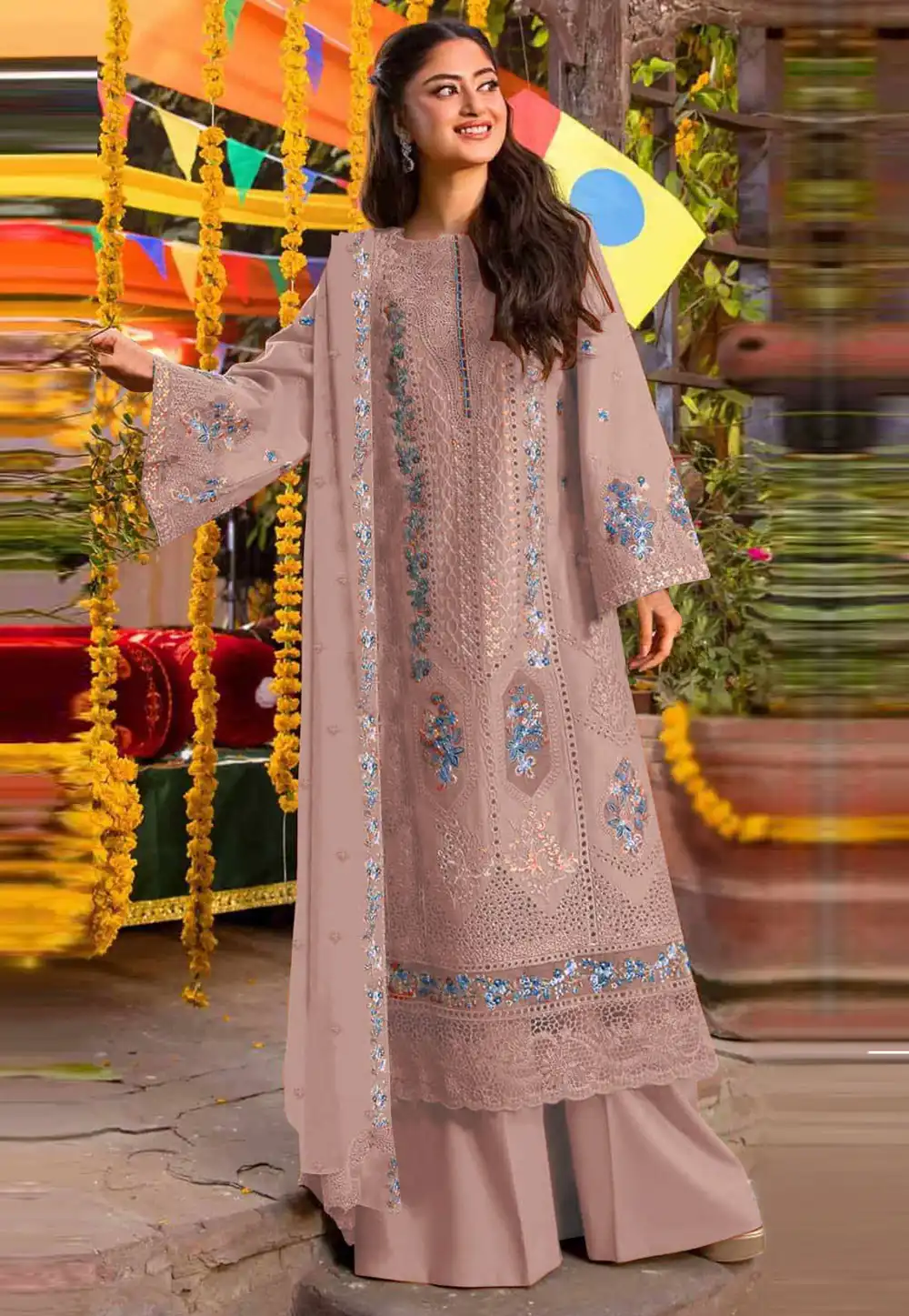 Beige Chiffon Embroidered Palazzo Suit 330098