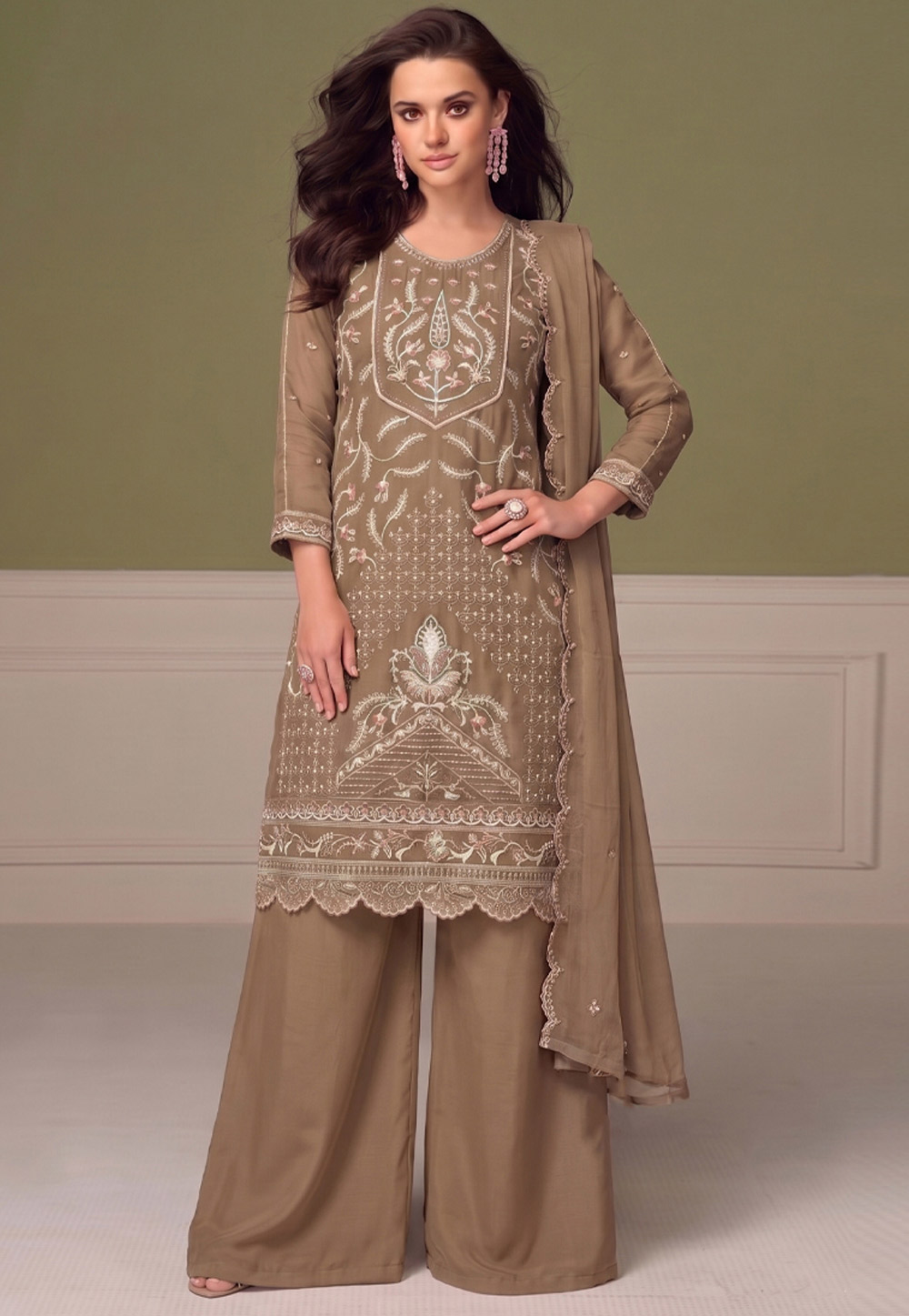 Beige Chiffon Embroidered Palazzo Suit 329790