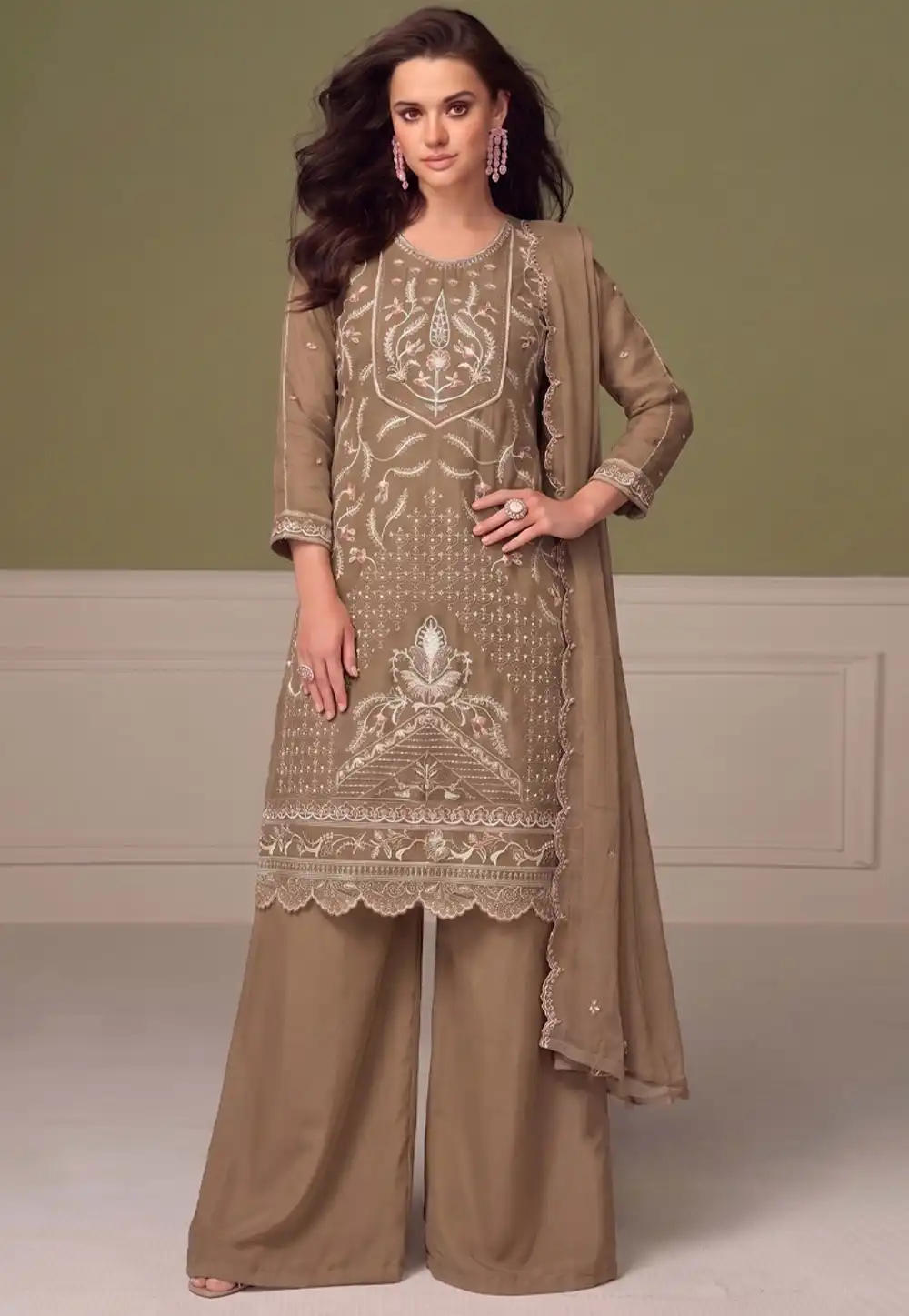 Beige Chiffon Embroidered Palazzo Suit 329790