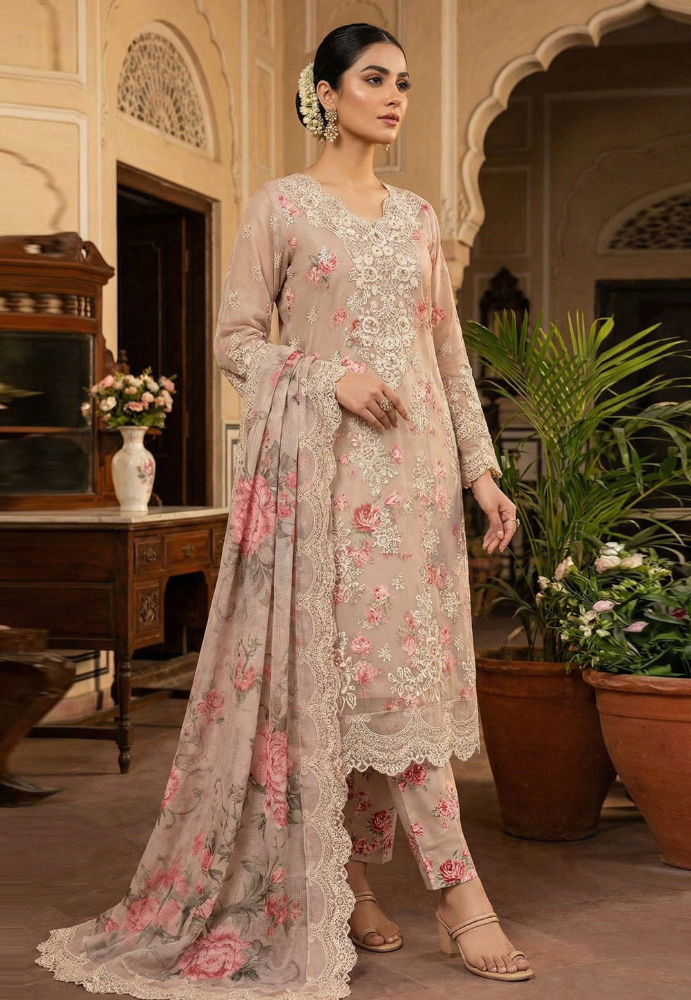 Beige Chiffon Pant Style Suit 326811