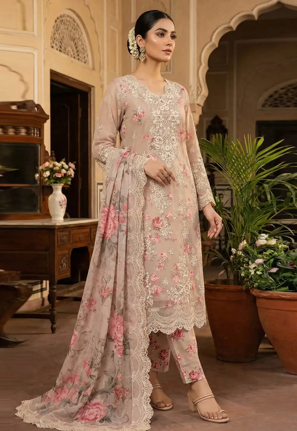 Beige Chiffon Pant Style Suit 326811