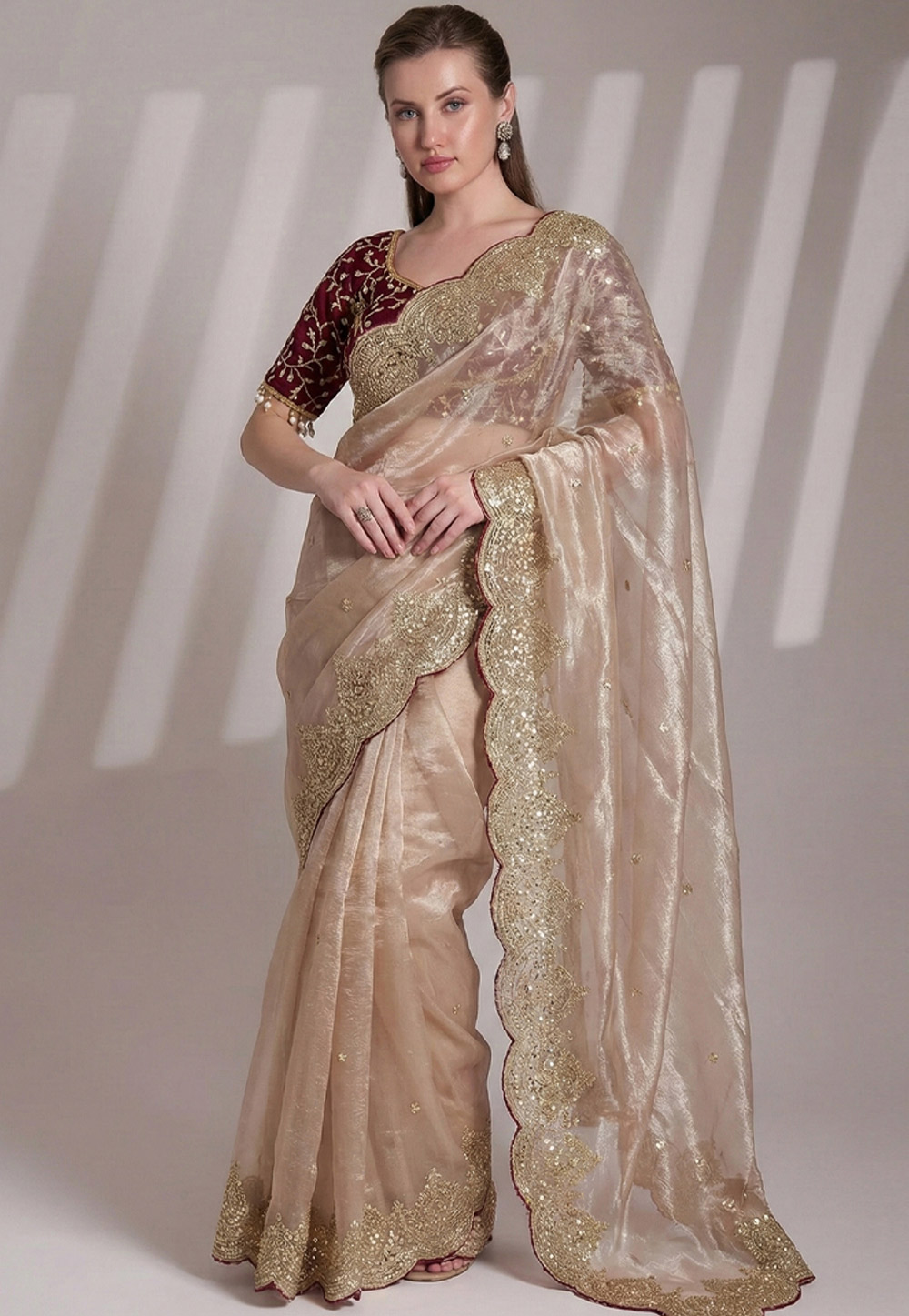 Beige Chiffon Saree With Blouse 330018