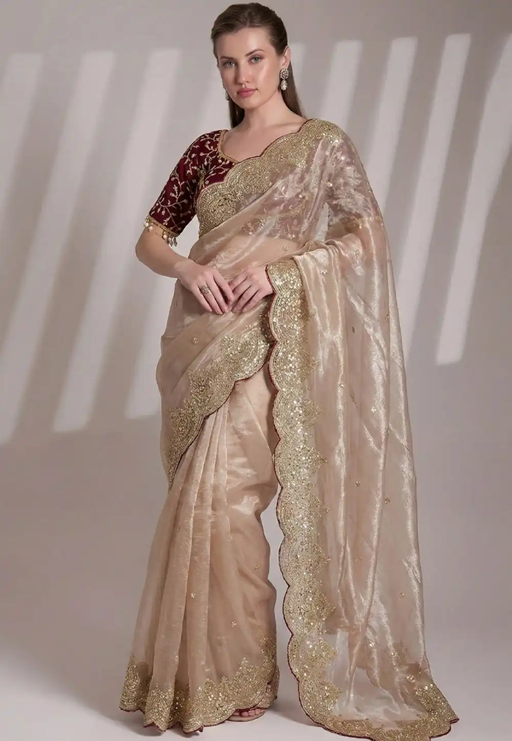 Beige Chiffon Saree With Blouse 330018