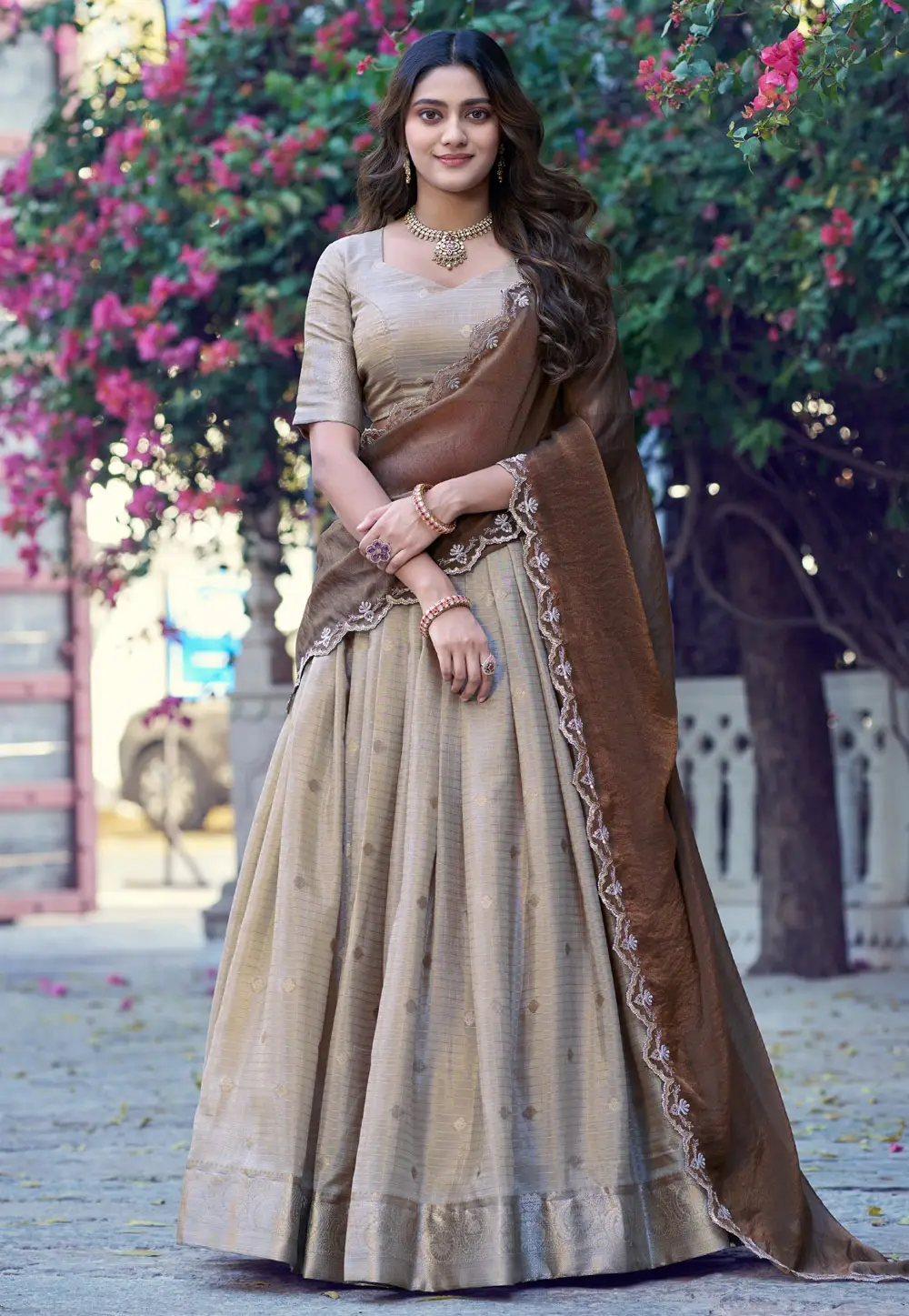 Beige Chinon Circular Lehenga Choli 332267