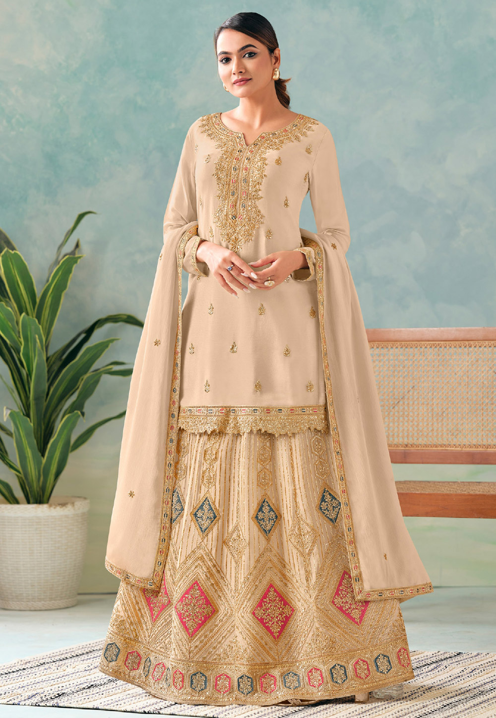 Beige Chinon Indo Western Lehenga Choli 312552