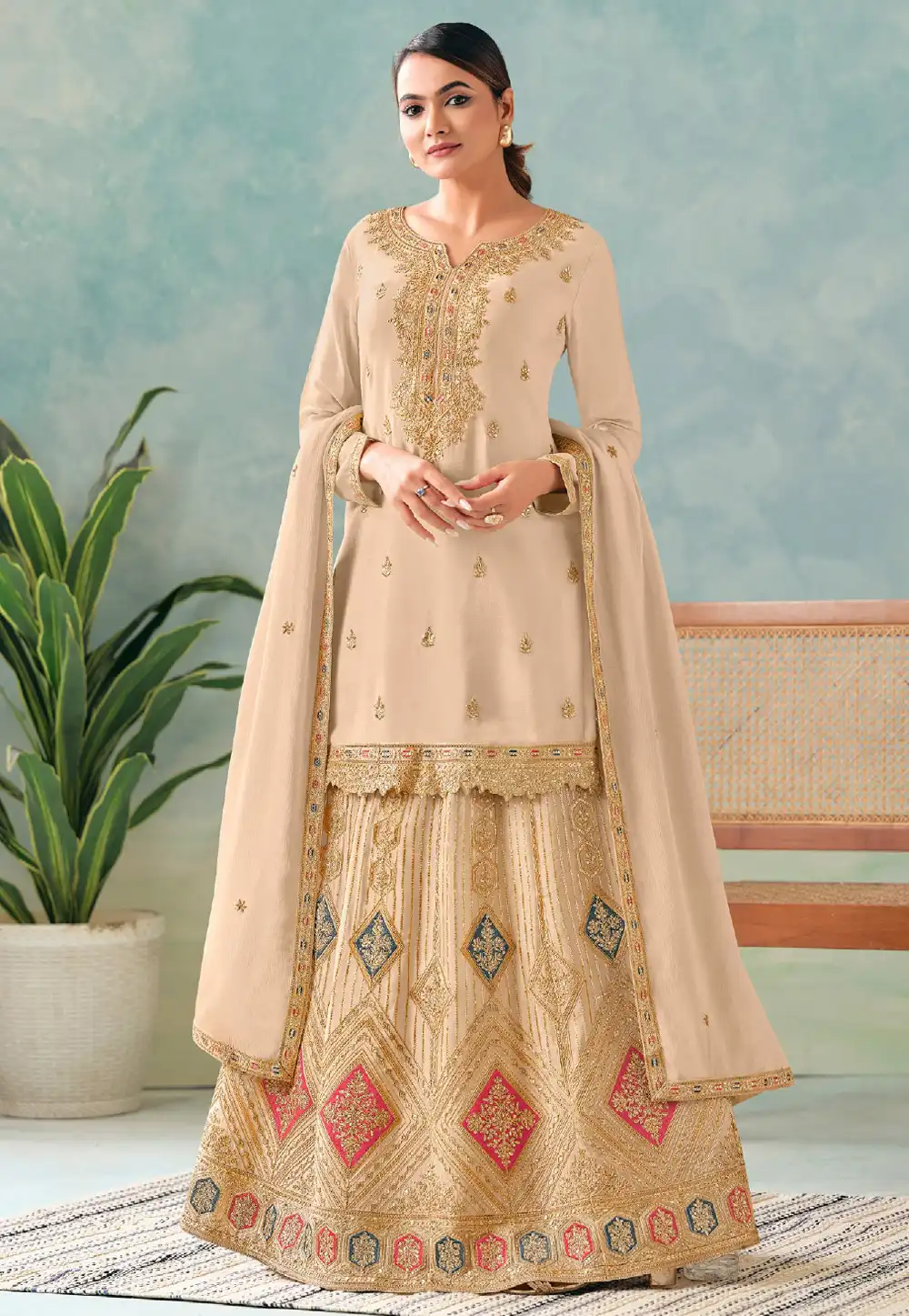 Beige Chinon Indo Western Lehenga Choli 312552