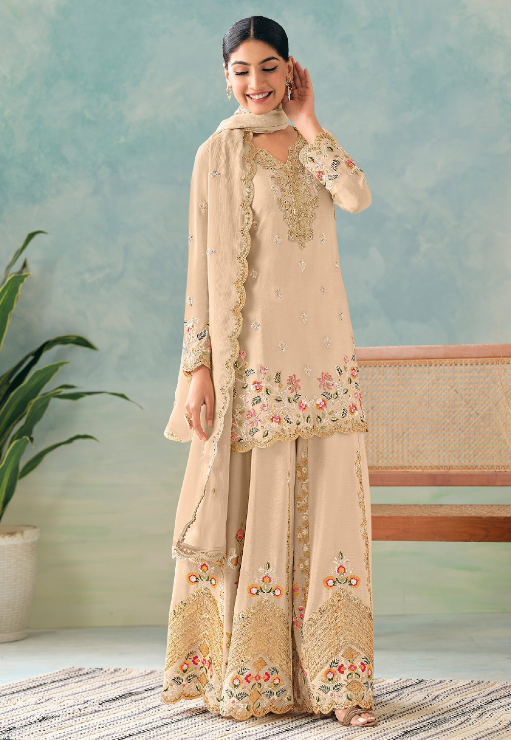 Beige Chinon Pakistani Suit 312551