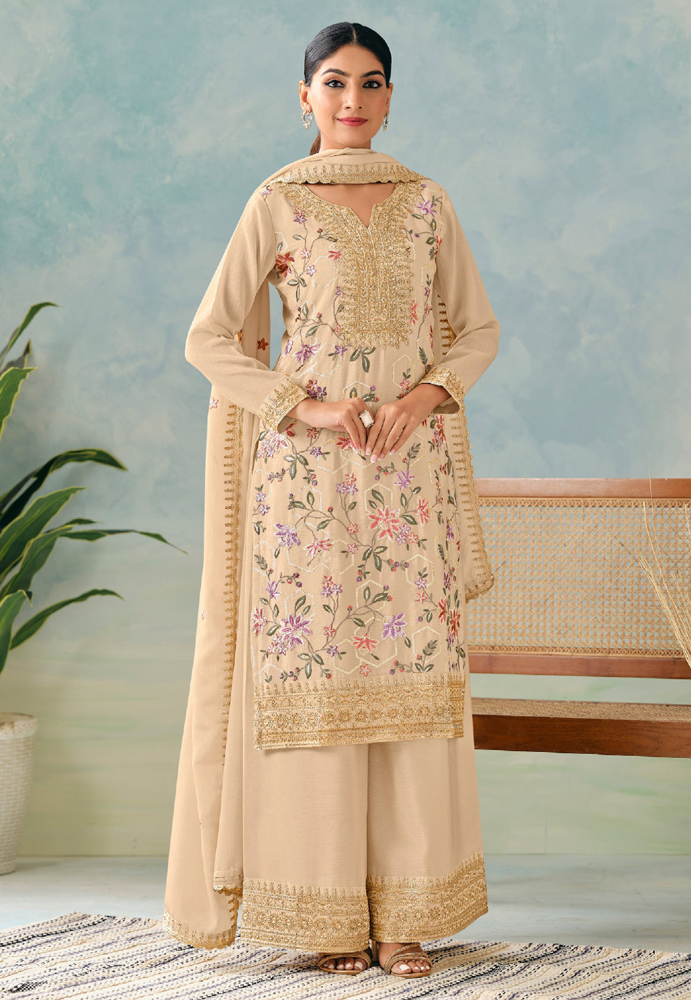 Beige Chinon Palazzo Suit 312550