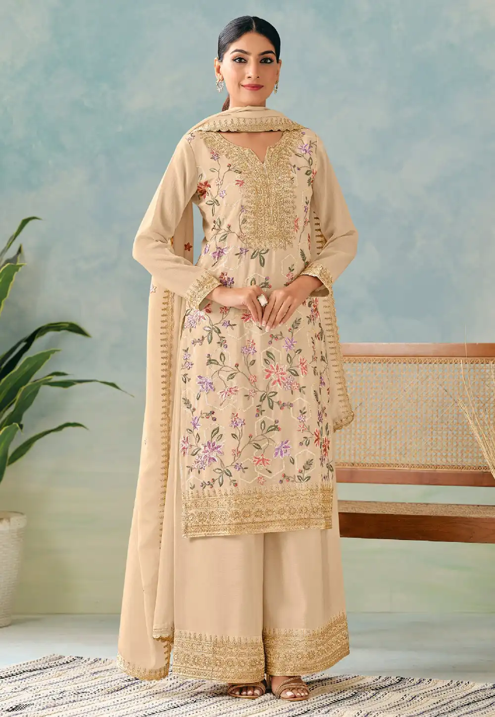 Beige Chinon Palazzo Suit 312550