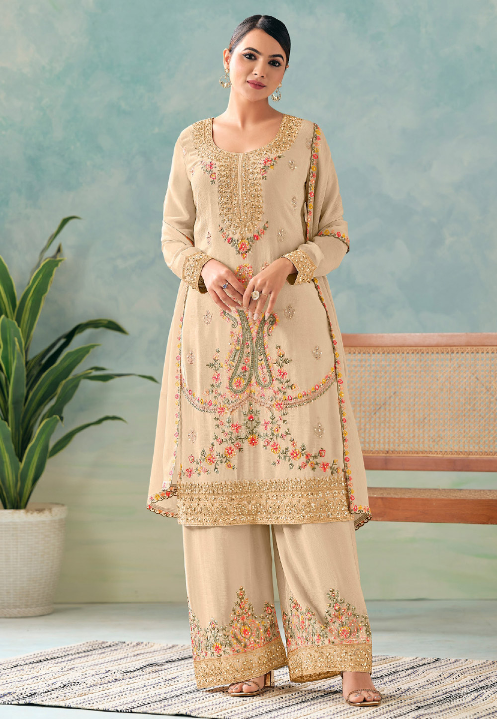 Beige Chinon Palazzo Suit 312553