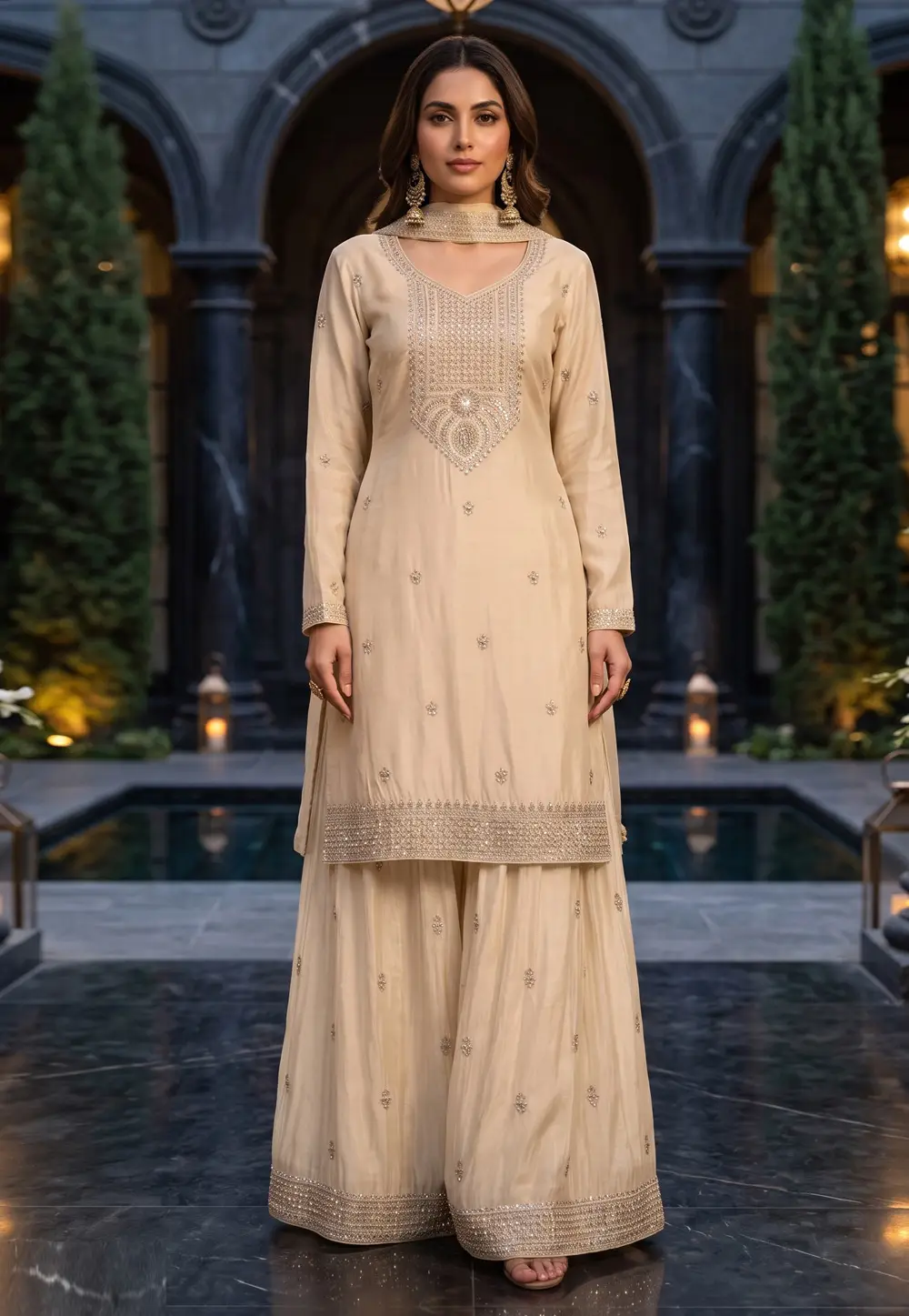 Beige Chinon Readymade Palazzo Suit 333798