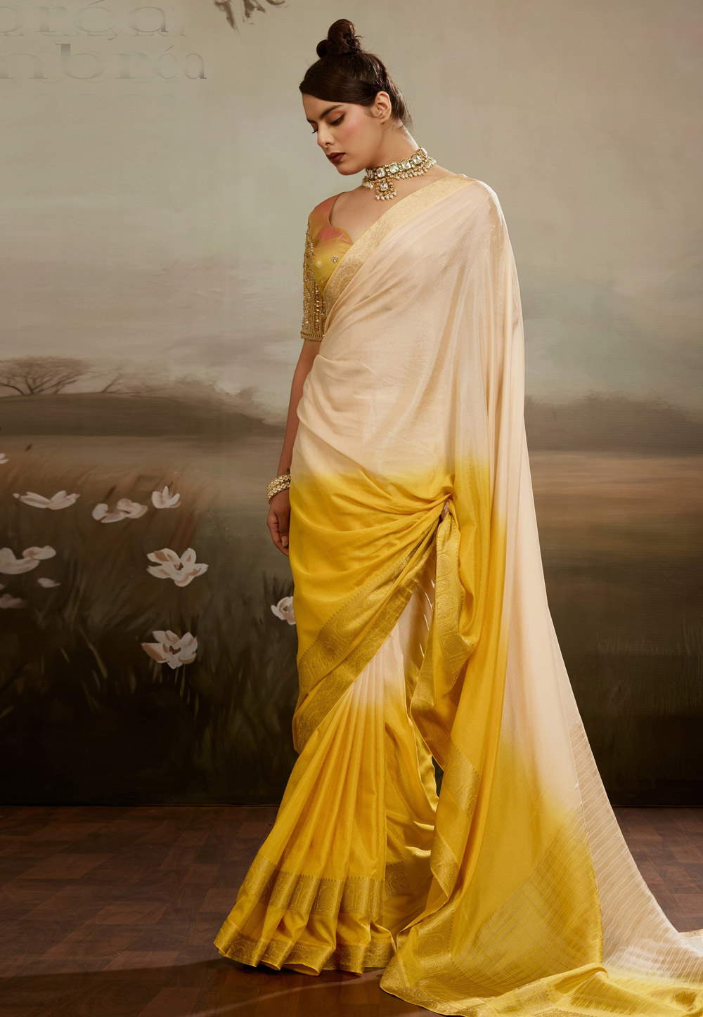 Beige Chinon Saree With Blouse 327360