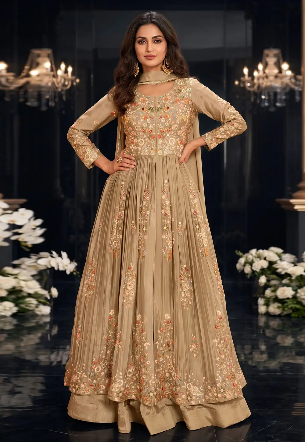 Beige Chinon Silk Anarkali Lehenga Choli 333974