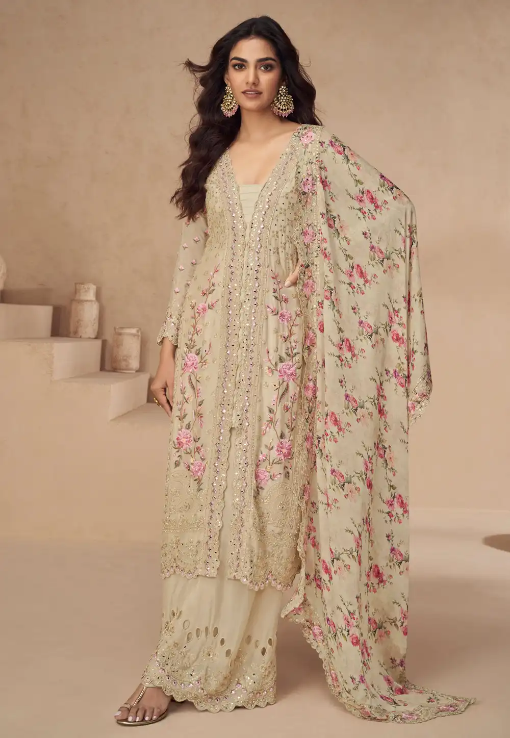 Beige Chinon Silk Embroidered Palazzo Suit 309331