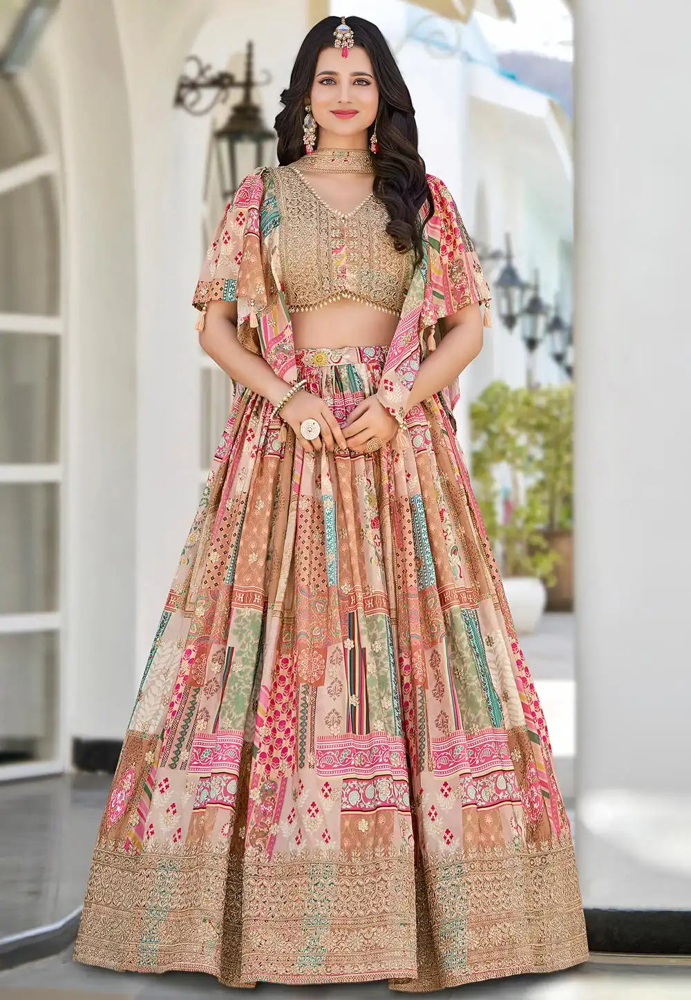 Beige Chinon Silk Lehenga Choli 314491