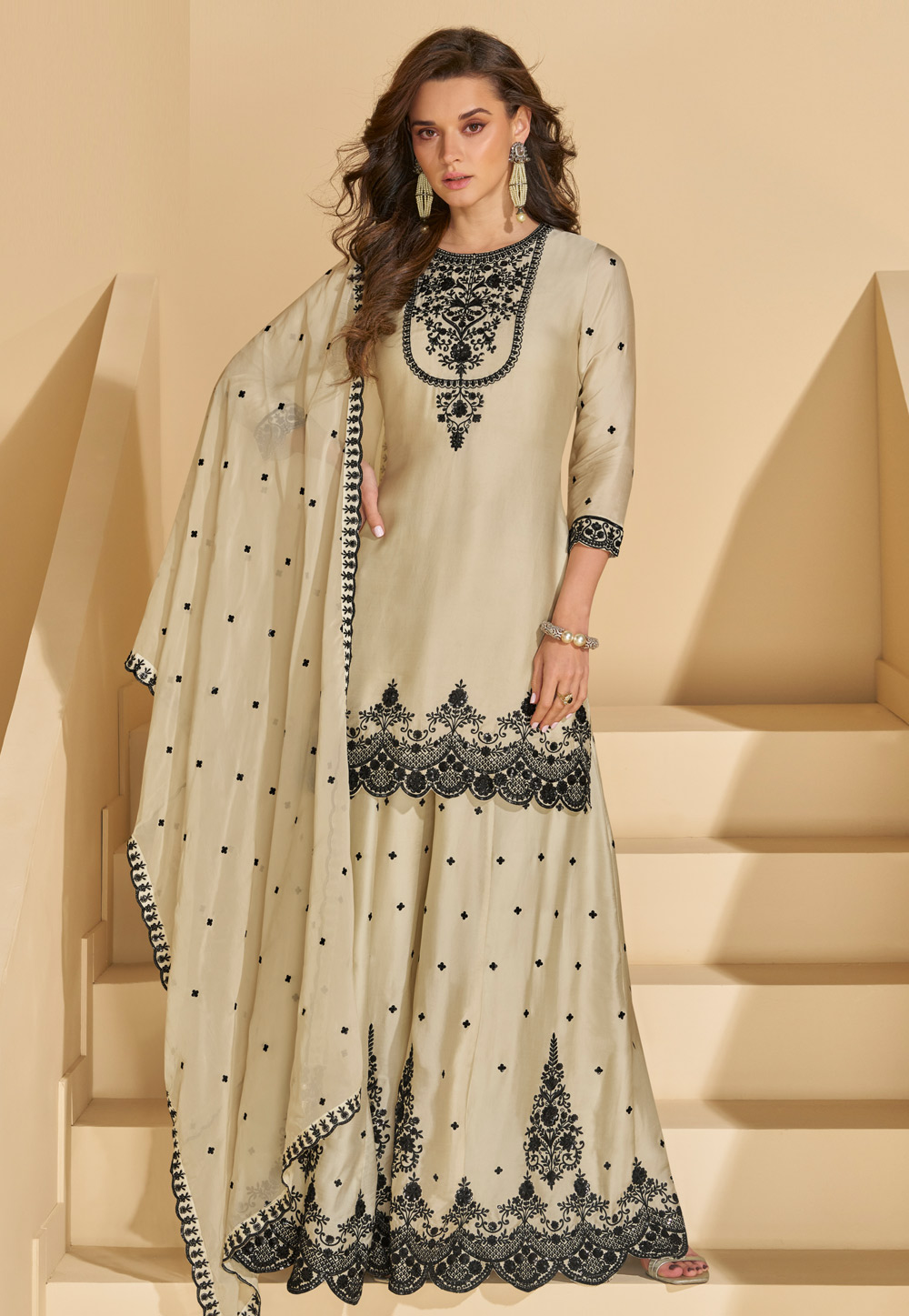 Beige Chinon Silk Palazzo Suit 307151