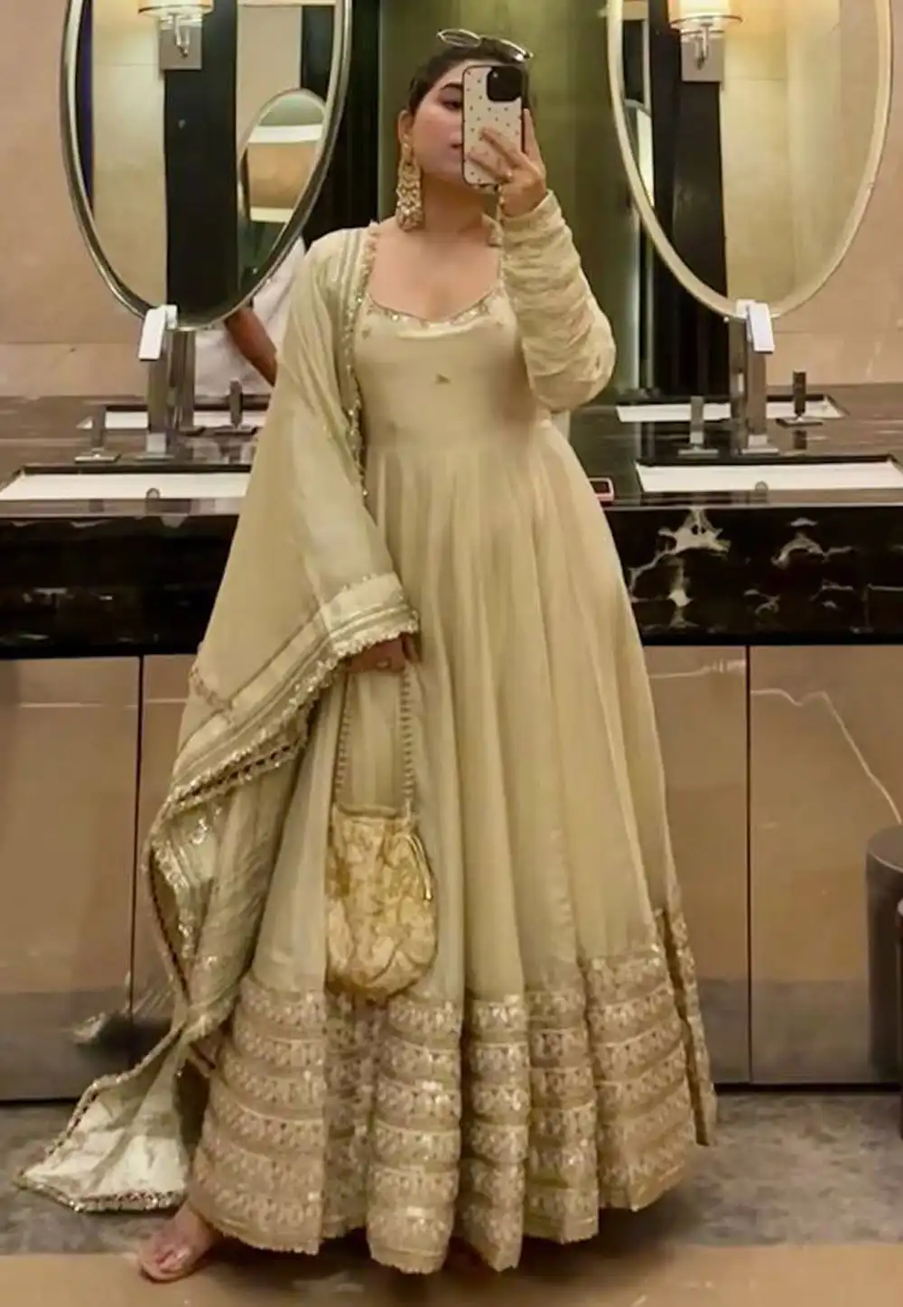 Beige Chinon Silk Readymade Long Anarkali Suit 328887