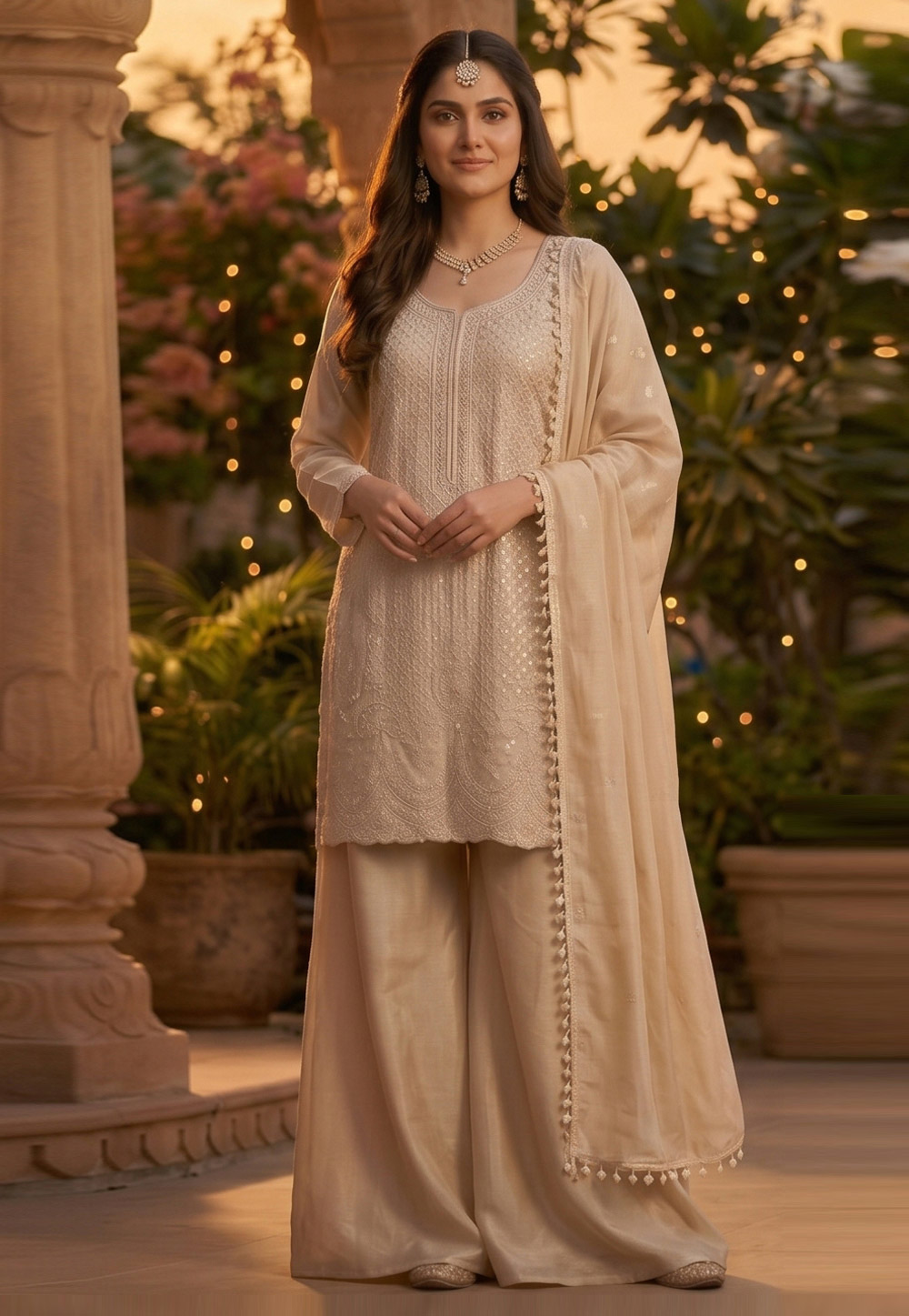 Beige Chinon Silk Readymade Palazzo Suit 328536