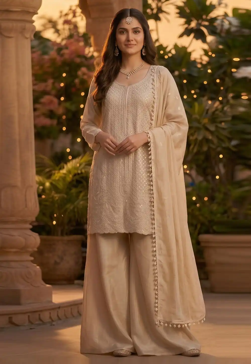 Beige Chinon Silk Readymade Palazzo Suit 328536