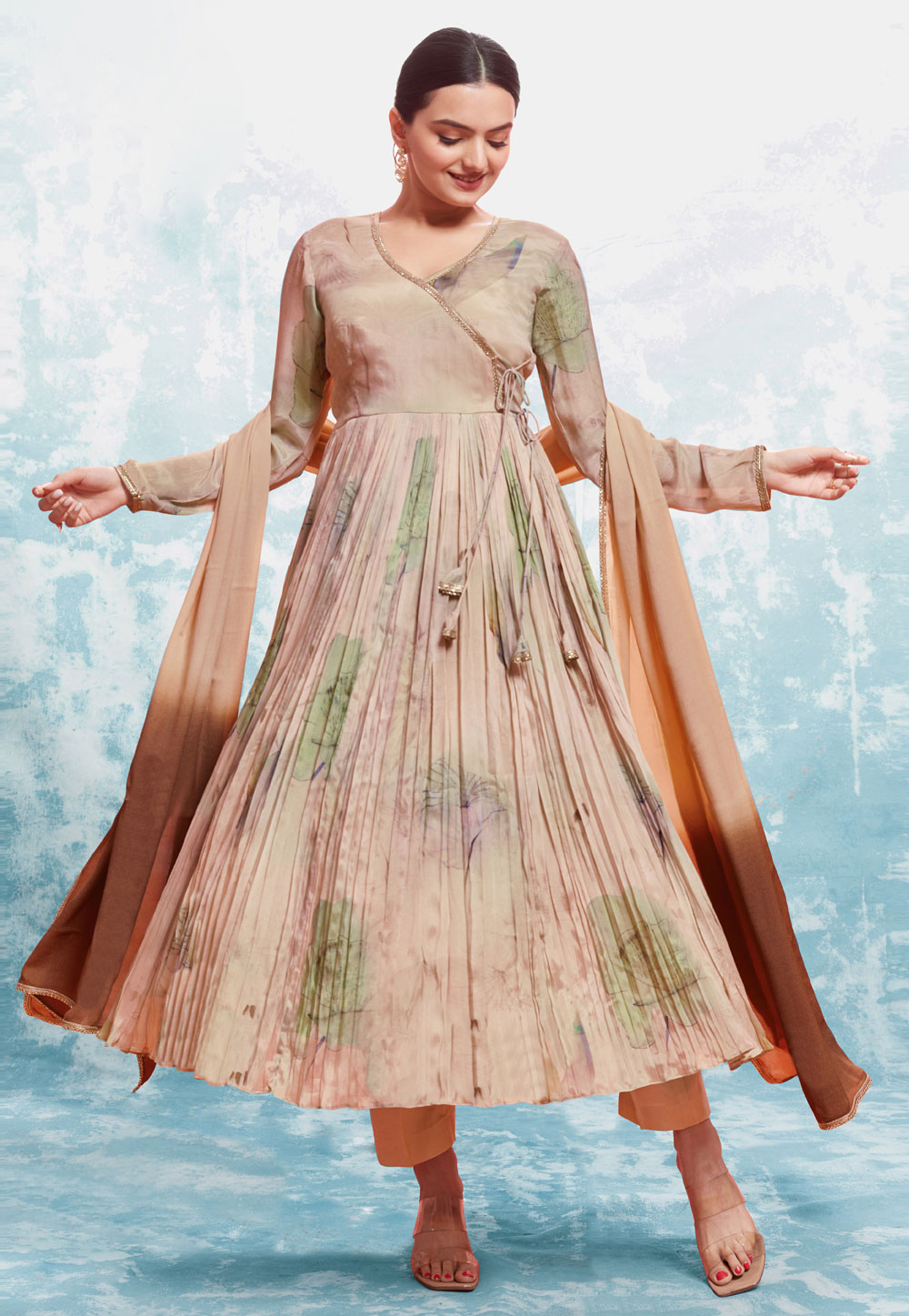 Beige Chinon Silk Readymade Pant Style Suit 287395