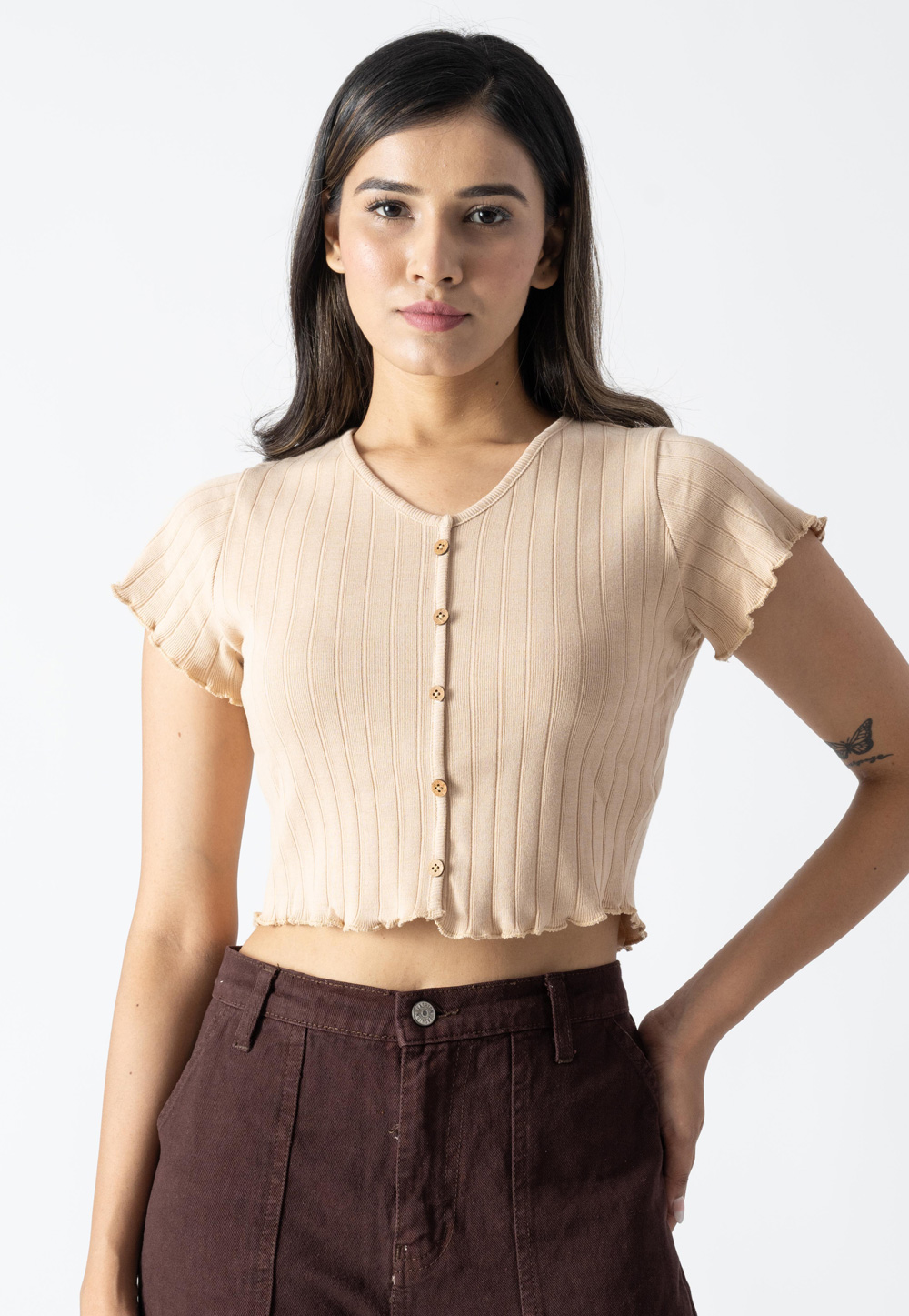 Beige Cotton Crop Top 313258