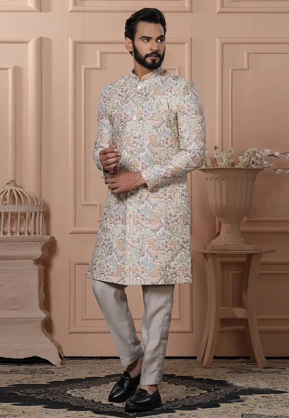 Beige Cotton Indo Western Sherwani 315076