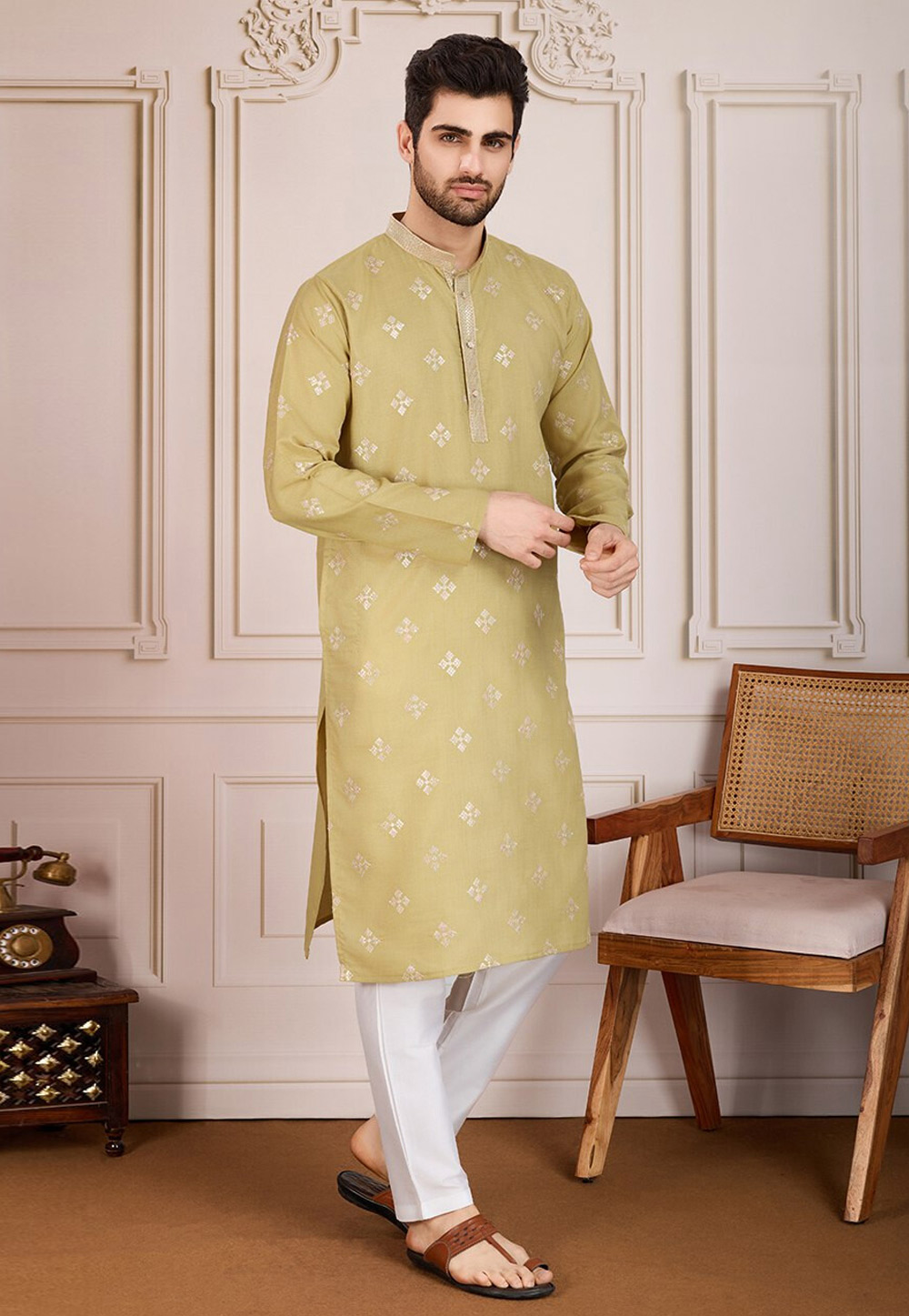 Beige Cotton Kurta Pajama 323107