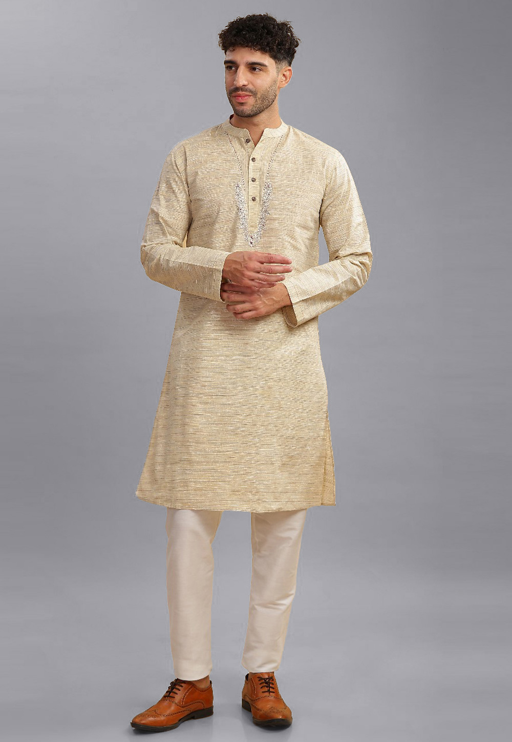 Beige Cotton Kurta Pajama 284164