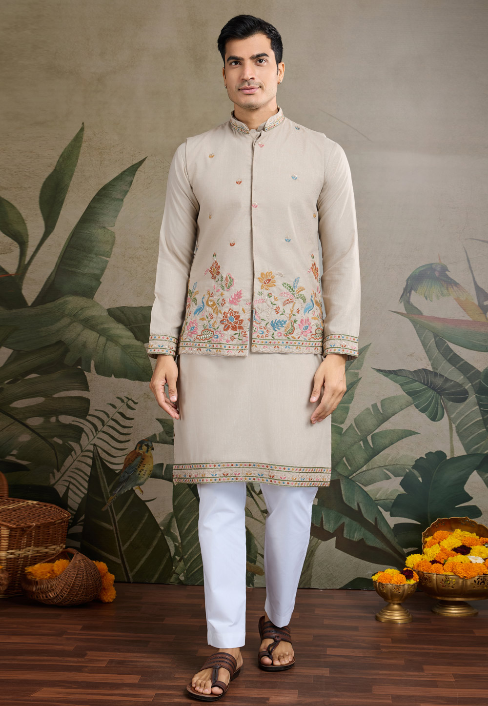 Beige Cotton Kurta Pajama With Jacket 311437
