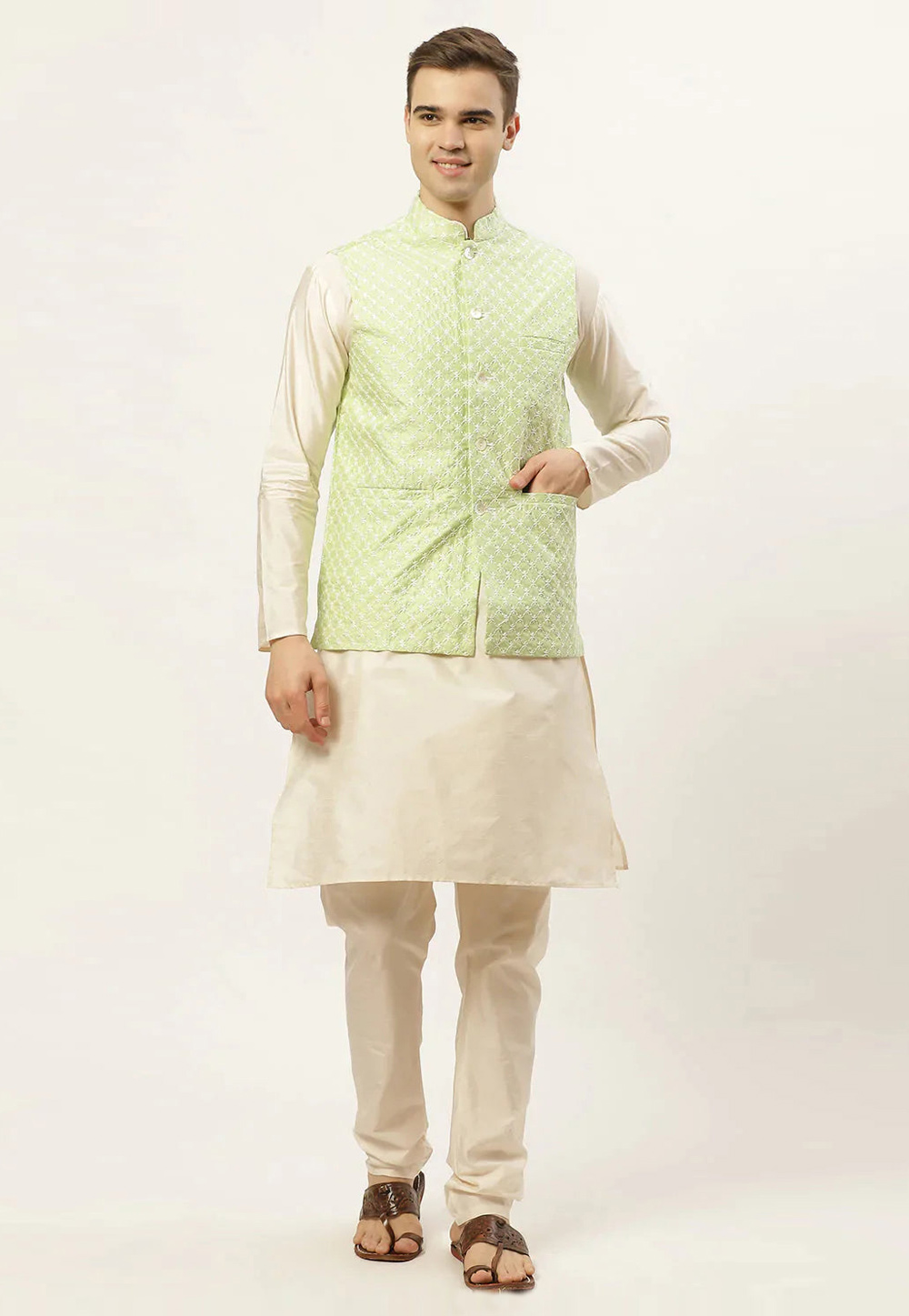 Beige Cotton Kurta Pajama With Jacket 281719