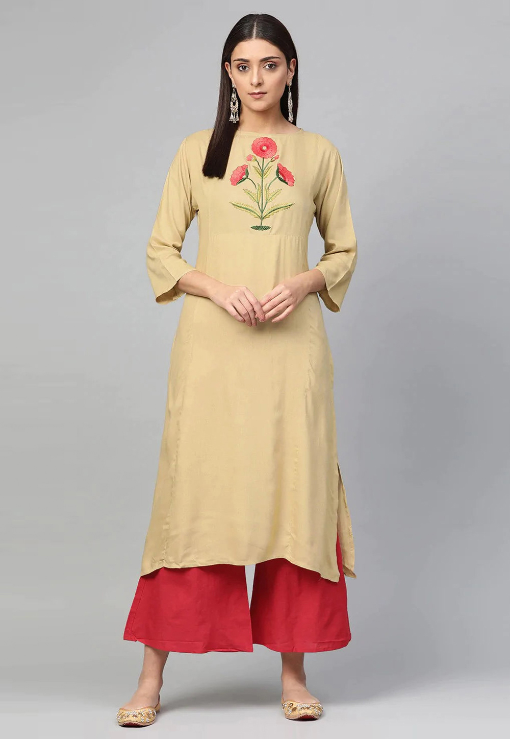 Beige Cotton Kurta Set With Palazzo 281368