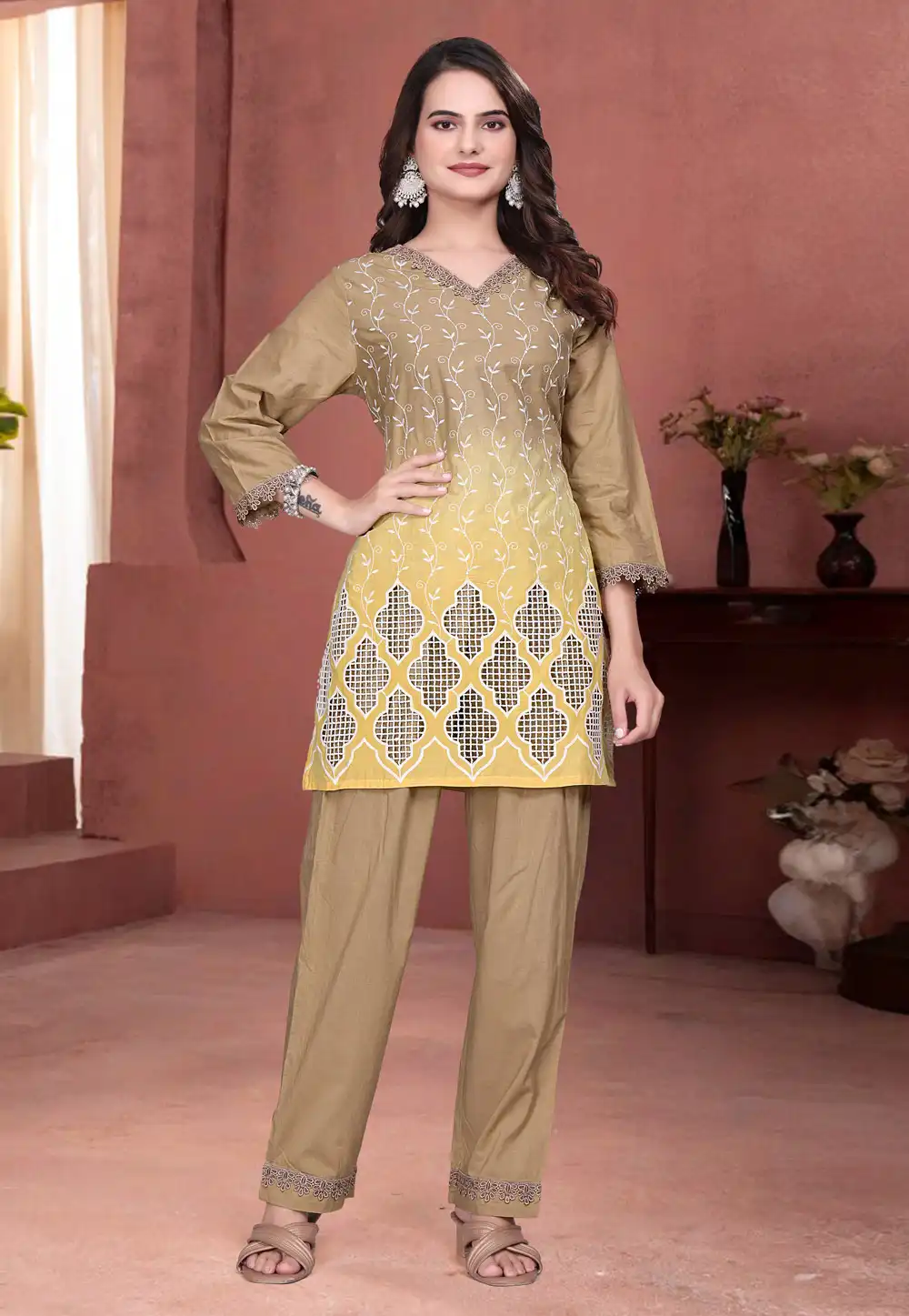 Beige Cotton Kurta Set With Pant 321596