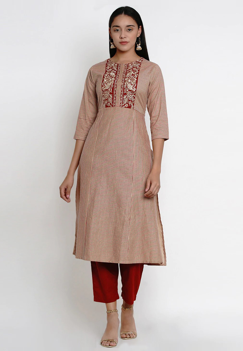 Beige Cotton Kurta Set With Pent 281378