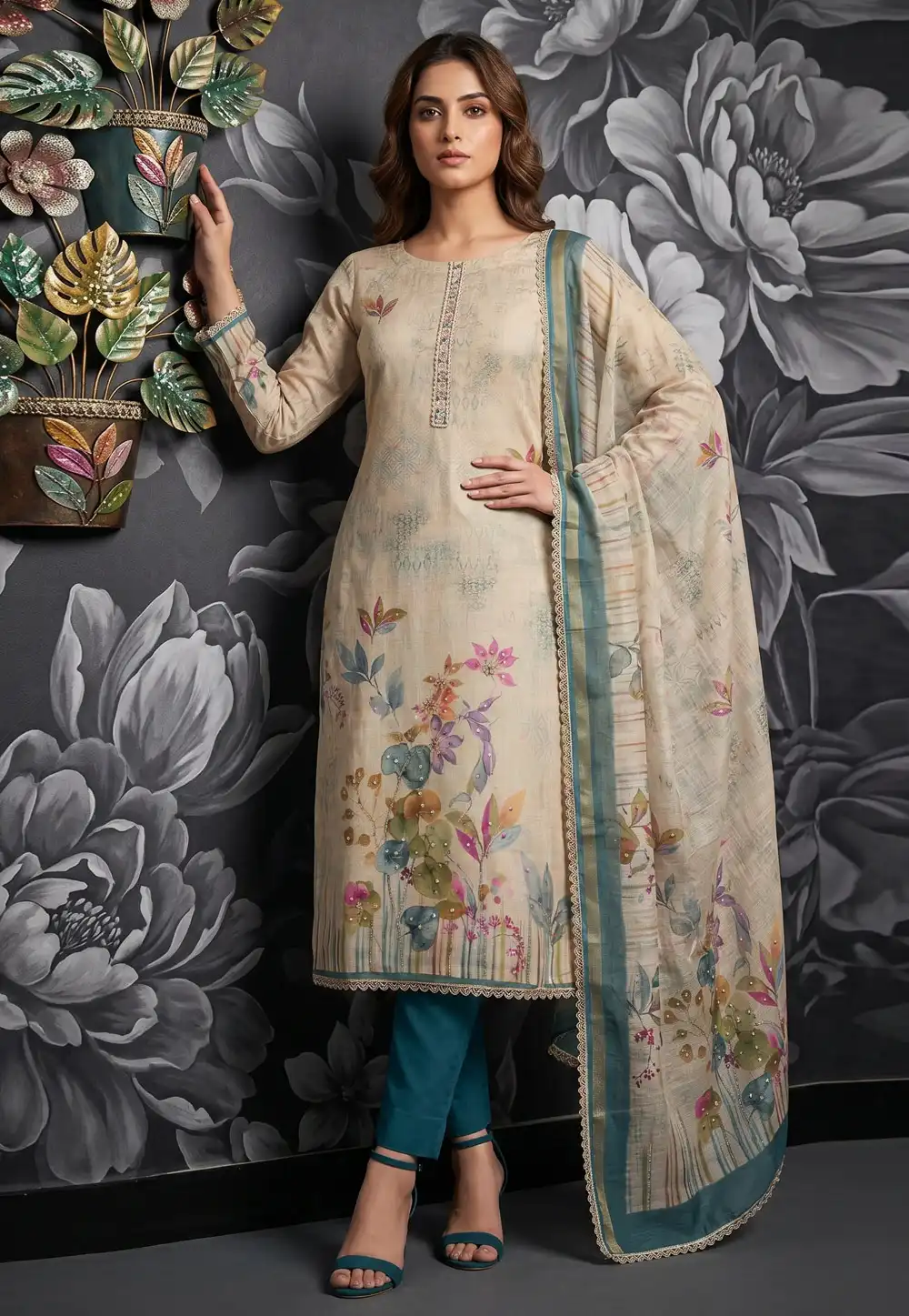 Beige Cotton Linen Pakistani Suit 330115
