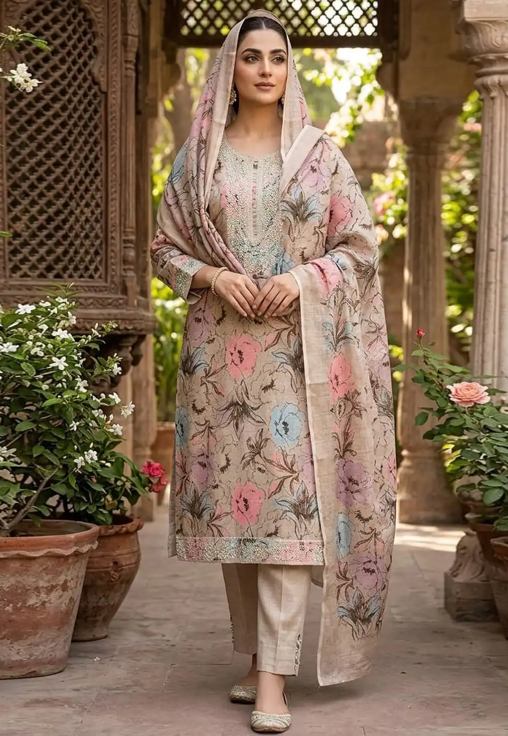 Beige Cotton Pakistani Suit 330612