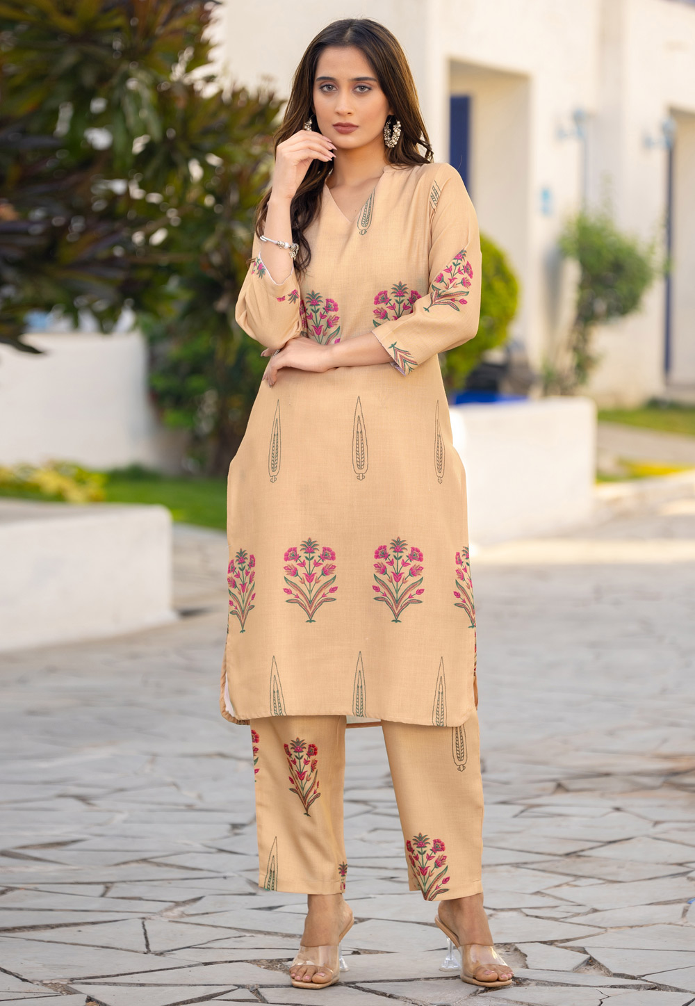 Beige Cotton Printed Co-Ords Set 322708